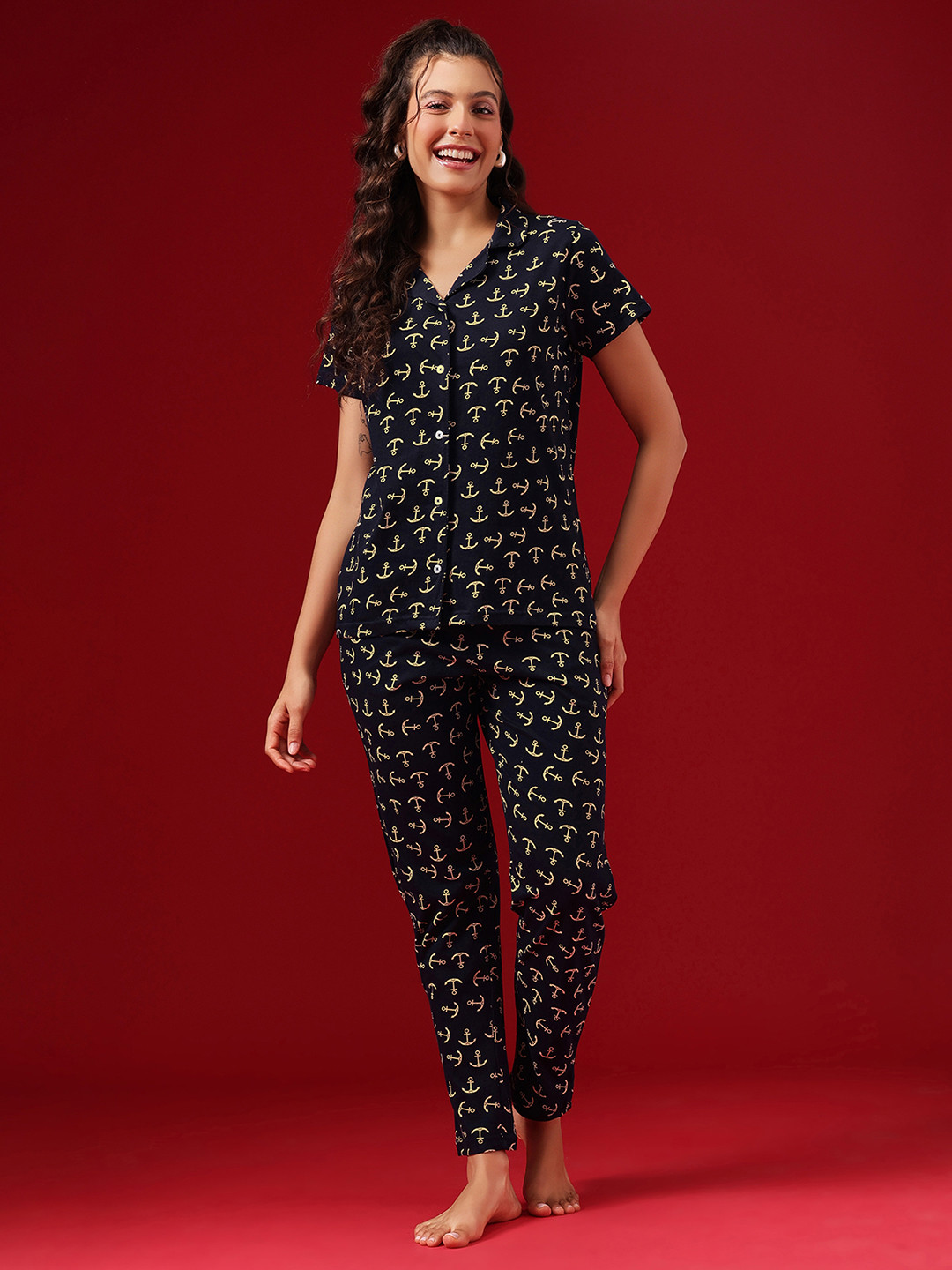 Clovia Women Cotton Printed Button Top & Pyjama Set