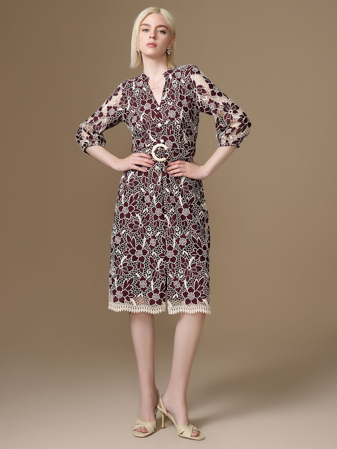 Kazo Floral Printed Vintage A-Line Midi Dress
