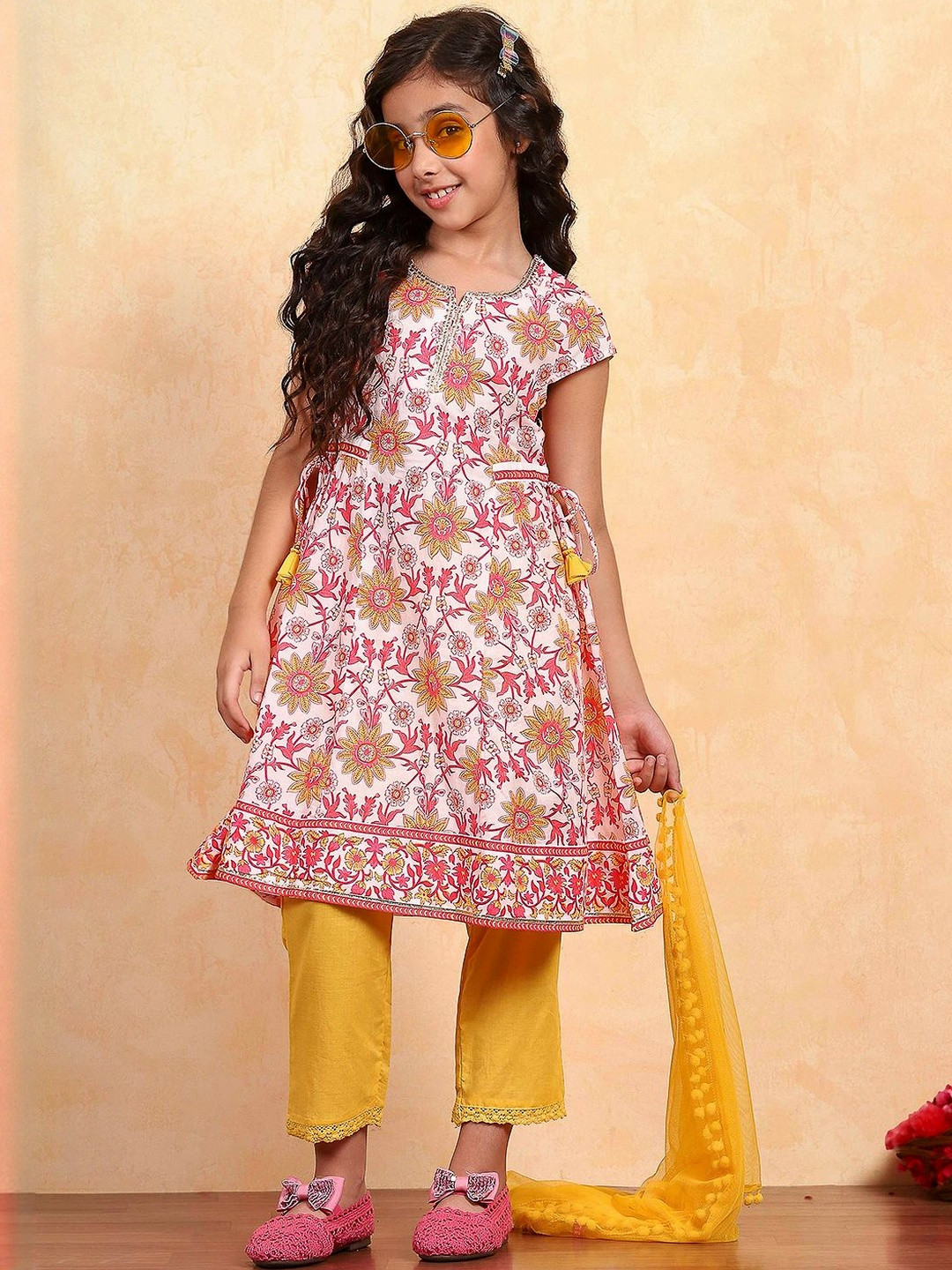 Biba Girl's Floral Printed A-Line Pure Cotton Kurta & Palazzos With Dupatta