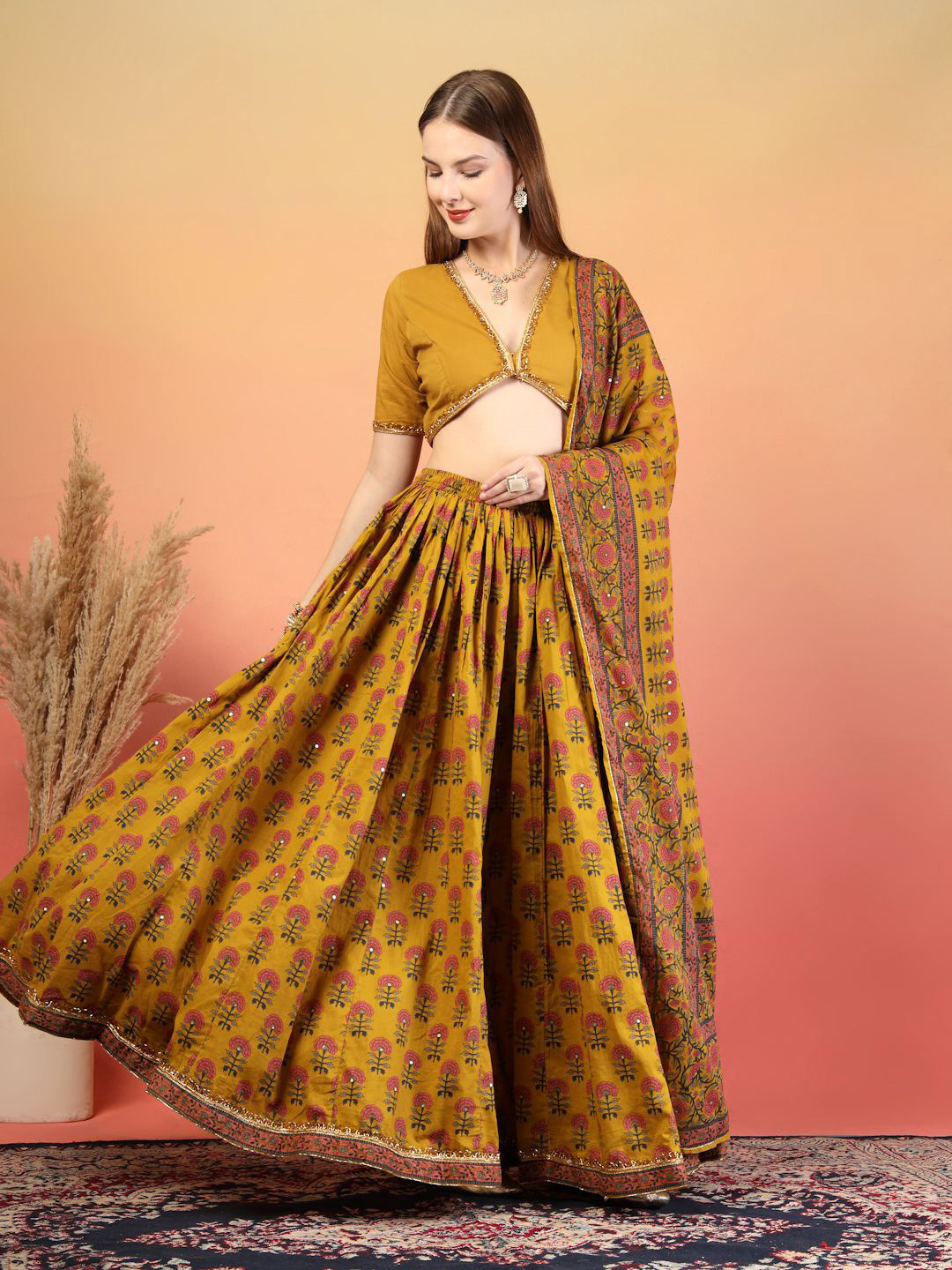 COTLAND FASHION V-Neck Beads & Stones Cotton Ready to Wear Lehenga With Blouse & Dupatta