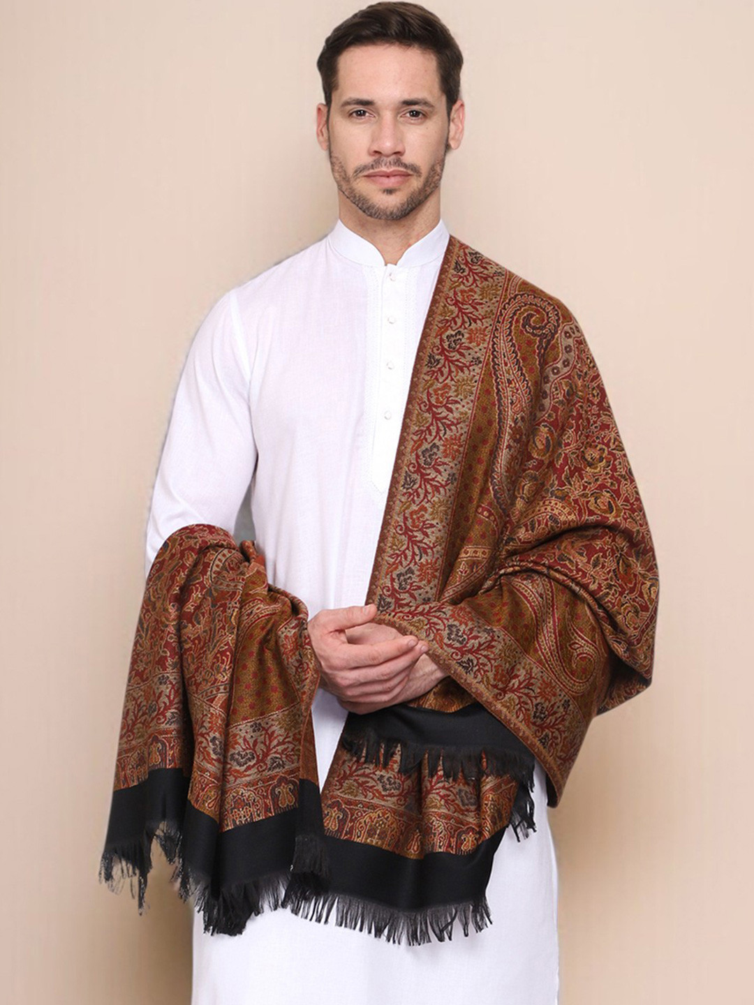WEAVERS VILLA Men Black & Red Woven Design Shawl