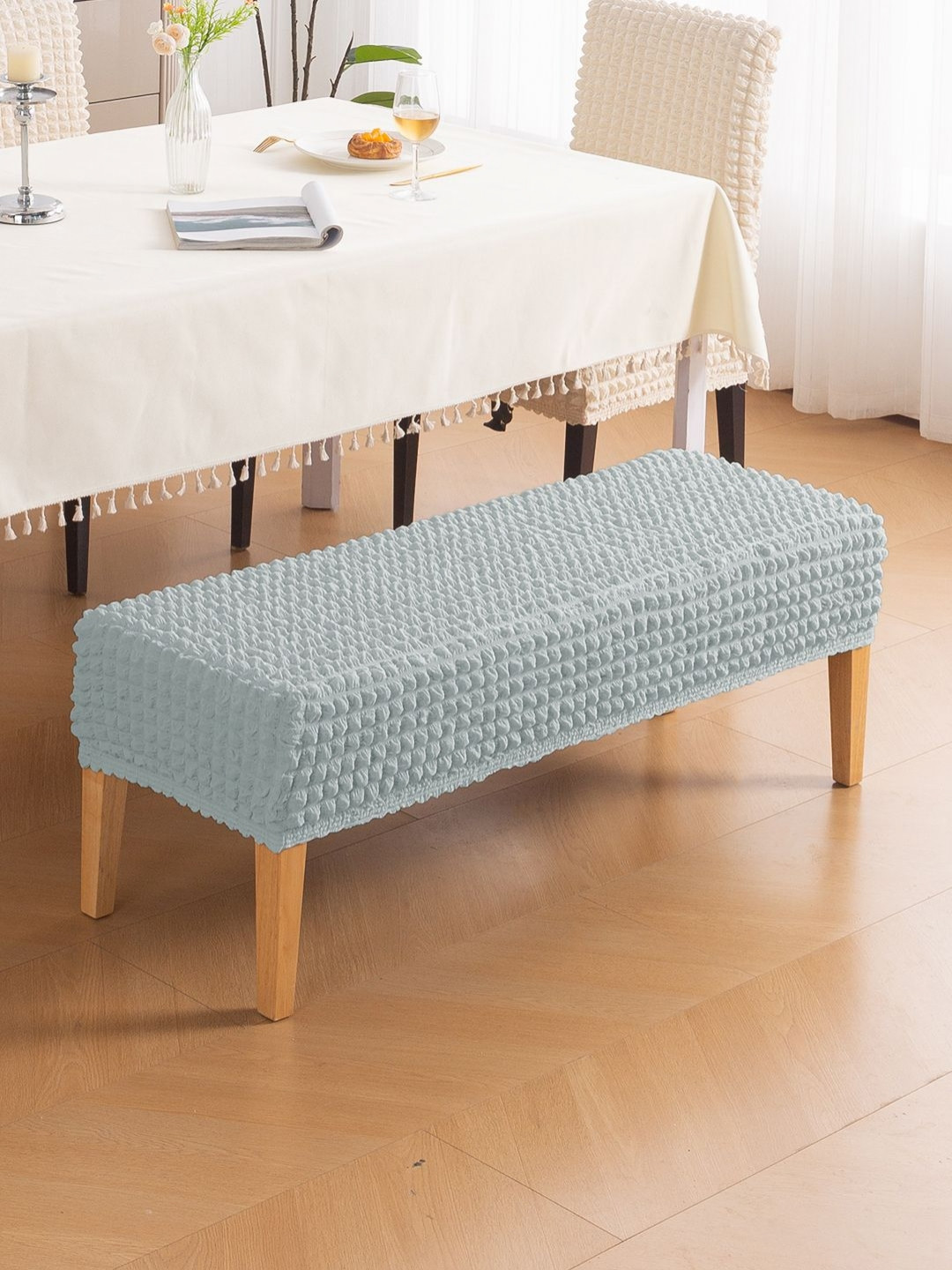 HOKIPO Aria Nova Light Grey 280 GSM Stretchable Bubble Medium Dining Bench Cover