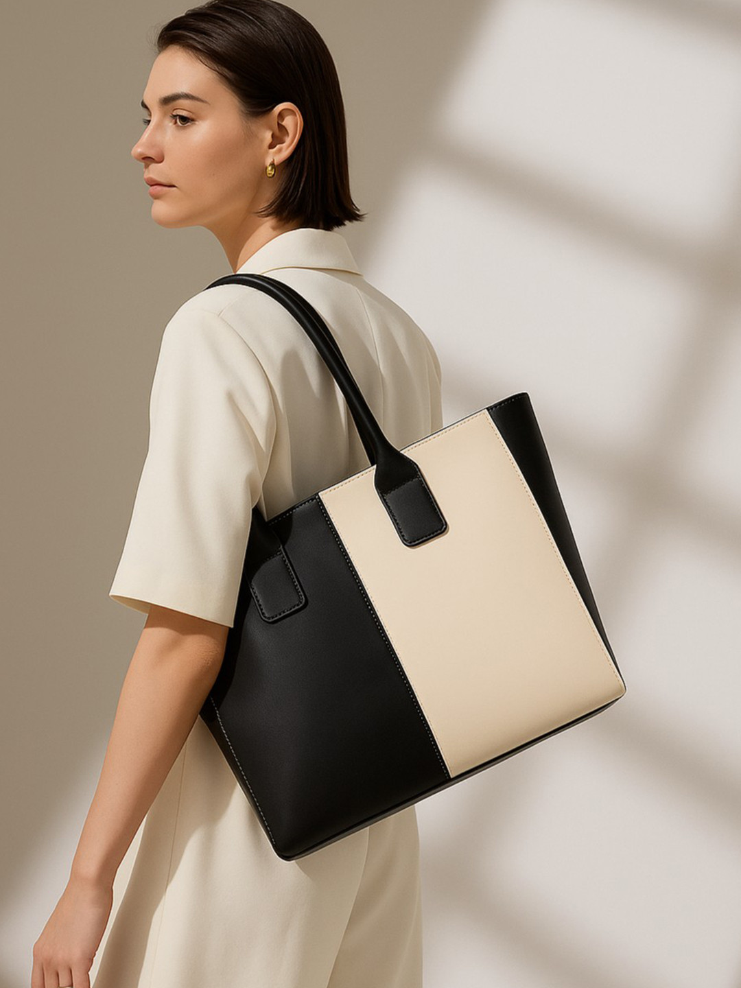 ALL ABOUT HER Colourblocked Oversized Half Moon Tote Bag with Tasselled