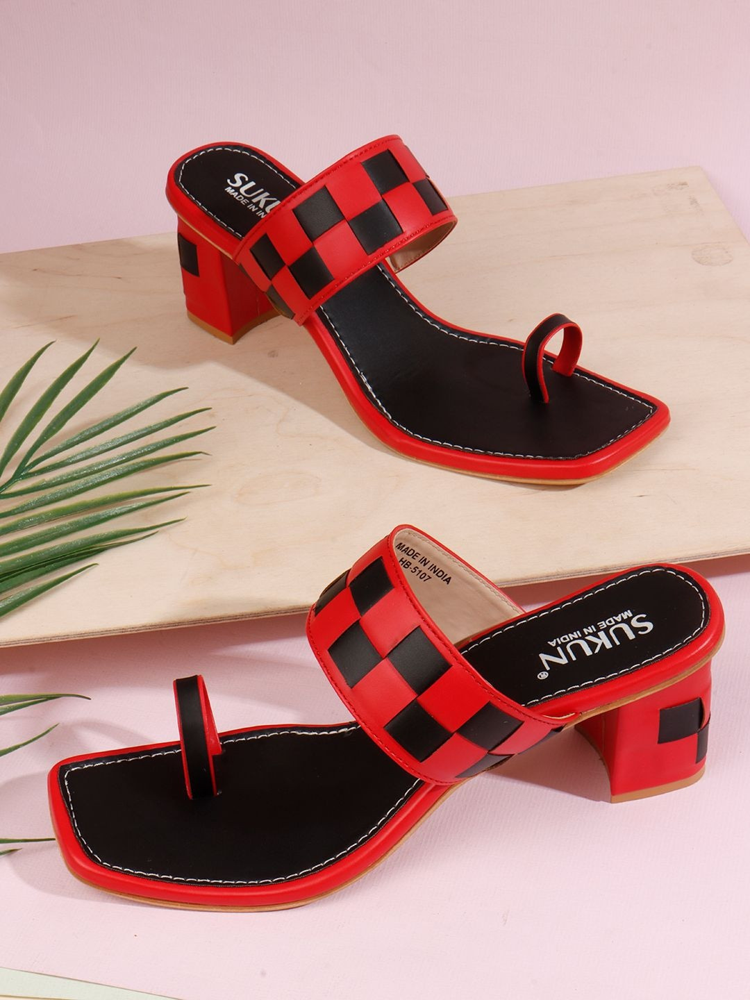 SUKUN Women Red & Black Solid Open Back Party Block Sandals