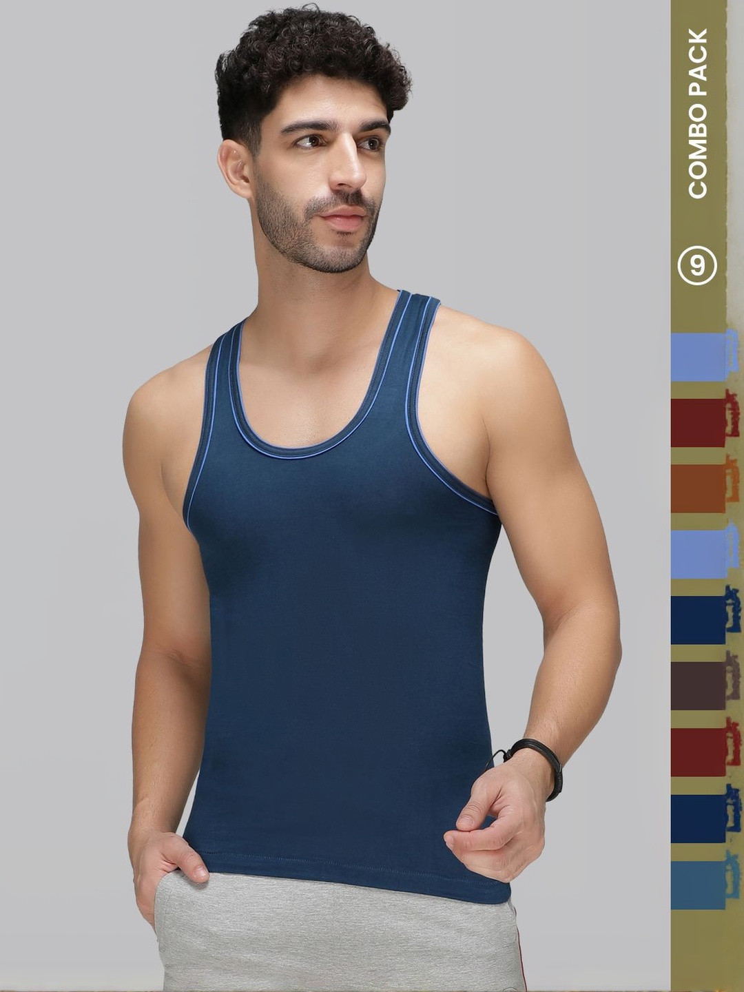 Amul Comfy Men Pack of 9 Plain Cotton Double Fold Vest