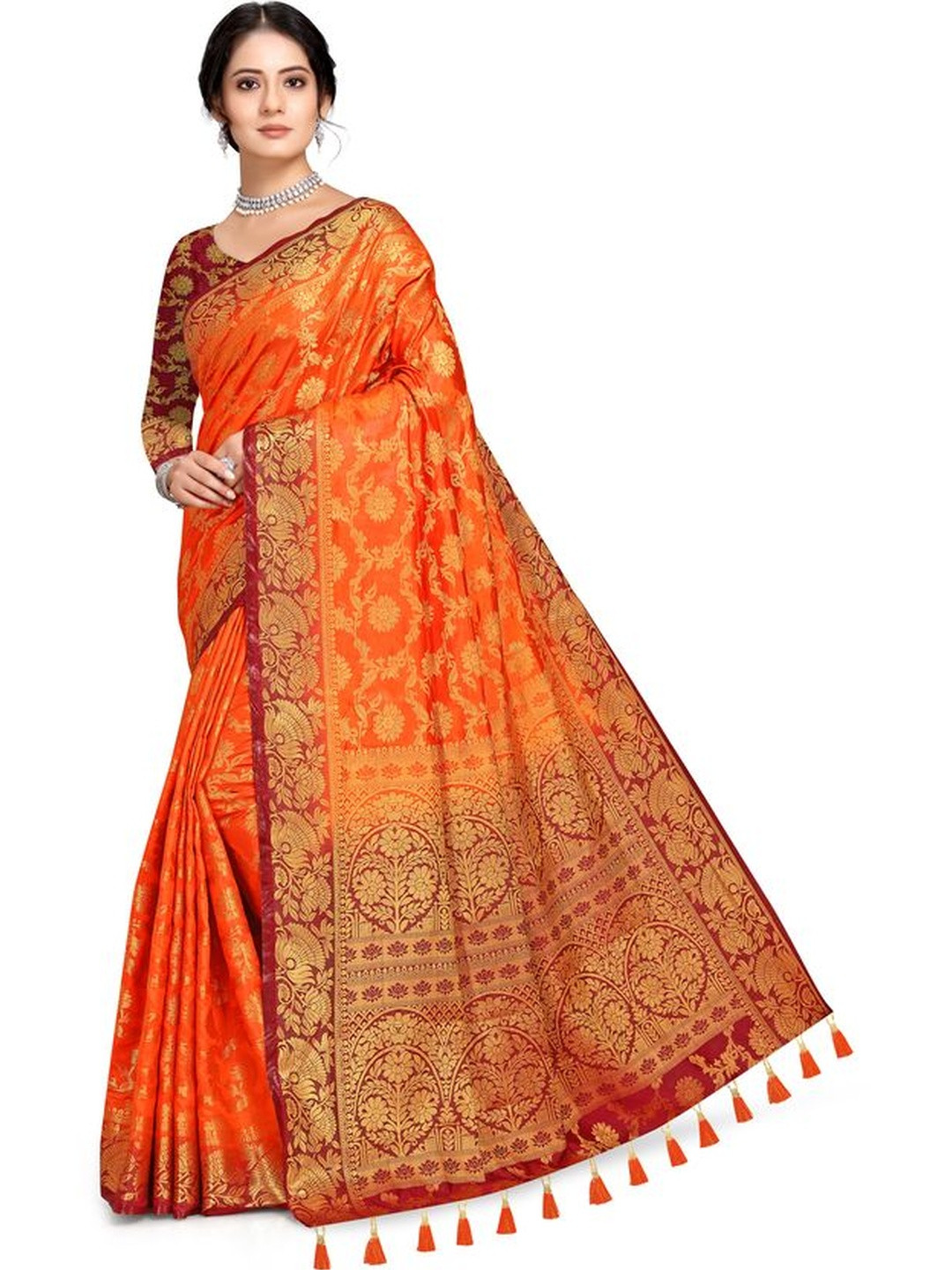 COSBILA FASHION Floral Woven Design Zari Silk Cotton Banarasi Saree