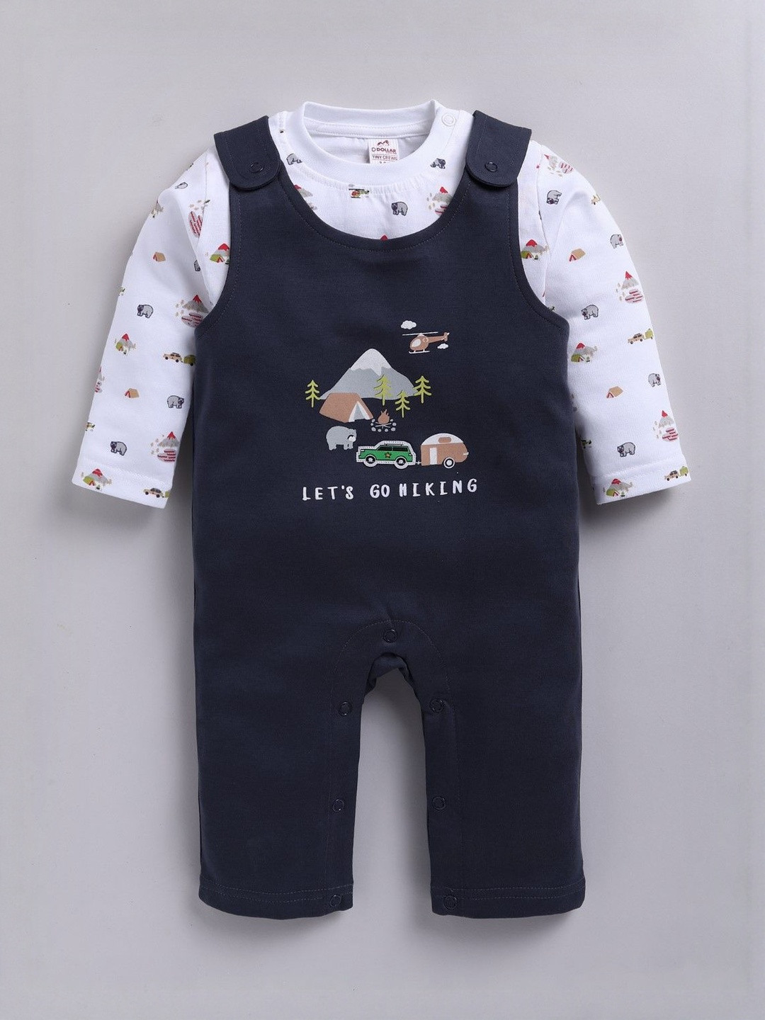 Dollar Kids Blue & White Printed Full Sleeve T-Shirt With Dungaree Pant