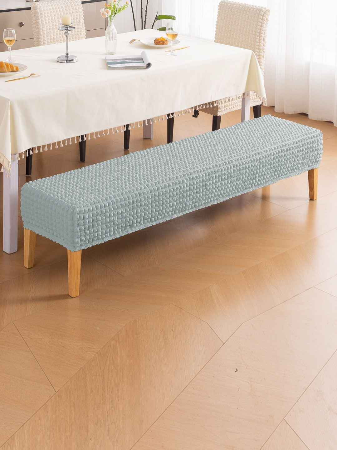 HOKIPO Aria Nova Light Grey 280 GSM Stretchable Bubble Large Dining Bench Cover