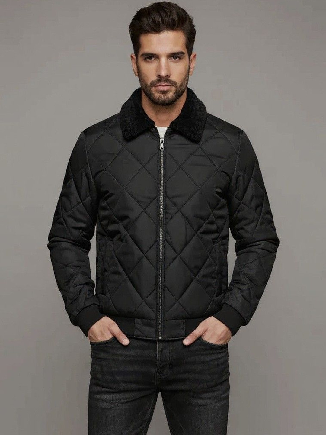 HERE&NOW Black Shawl Collar Long Sleeves Quilted Jacket