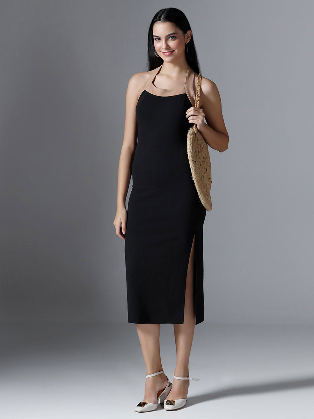 Selvia Edge Modern Elegance Collection Solid Halter Neck Sheath Midi Dress