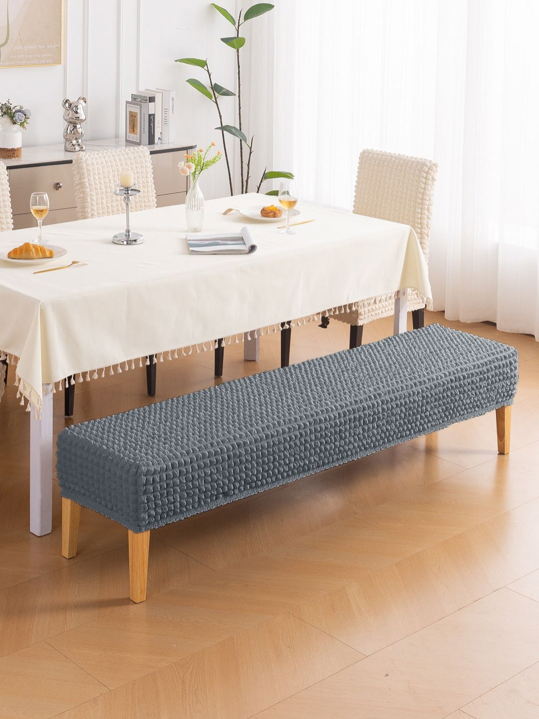 HOKIPO Aria Nova Dark Grey 280 GSM Stretchable Bubble Dining Large Dining Bench Cover