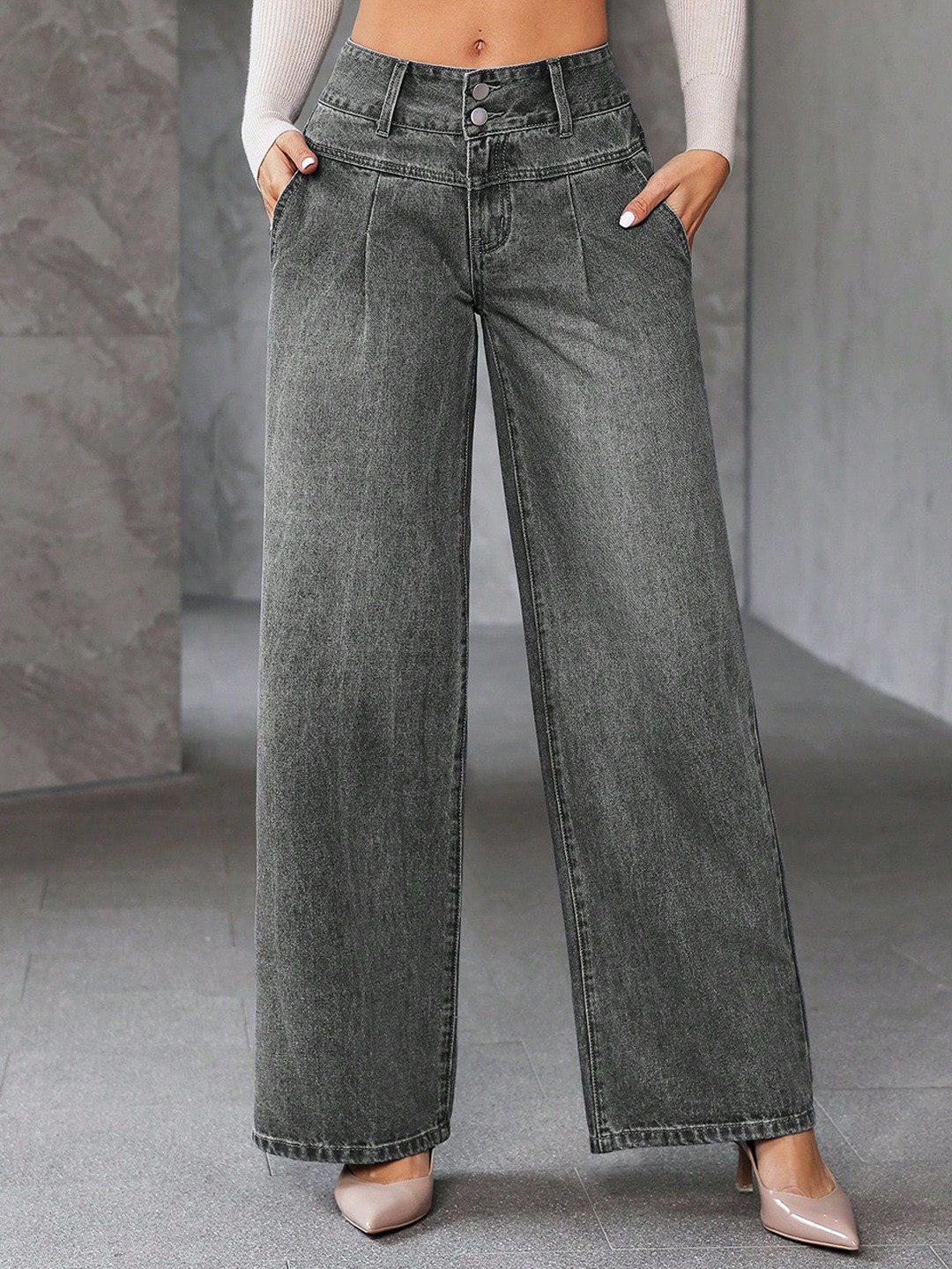 ROBECULT COLLECTION Women Loose Wide Leg High-Rise Light Fade Cotton Stretchable Jeans