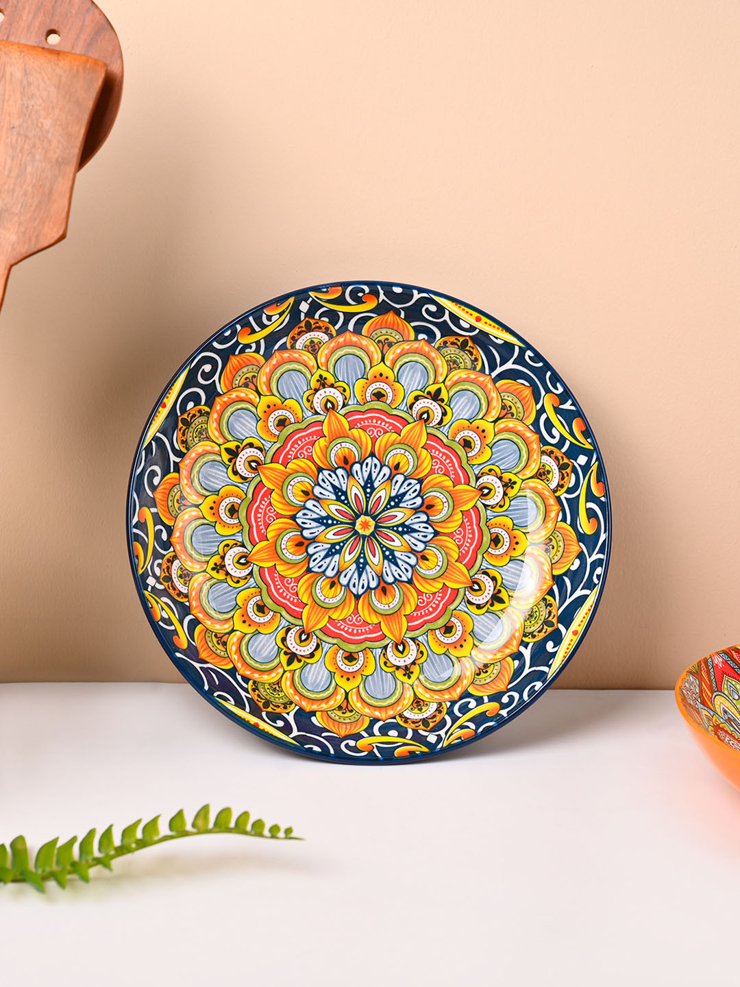 MARKET99 Navy Blue and Orange Colored Printed Round Ceramic Food Platter