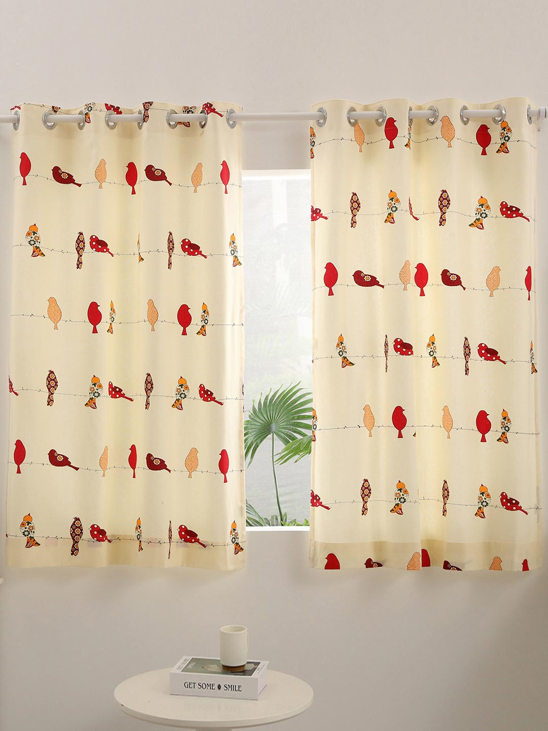 Story@home Set of 2 White & Red Quirky Room Darkening Window Curtain
