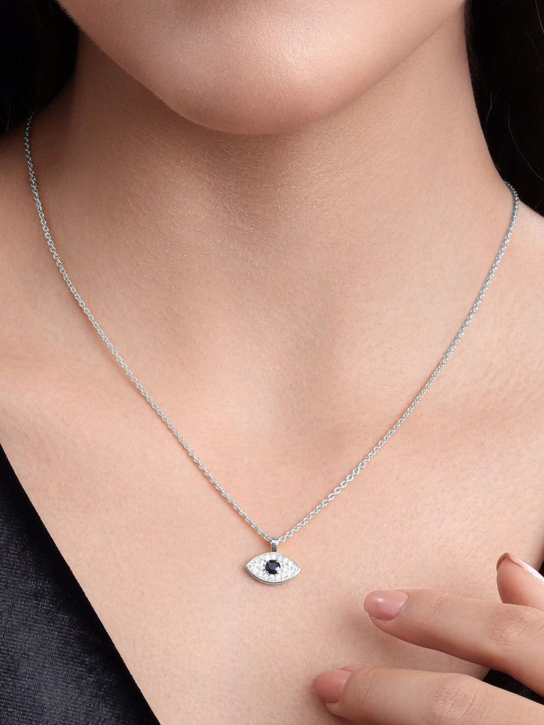 MALENA Silver Plated Crystals Studded Blue Evil Eye Necklace