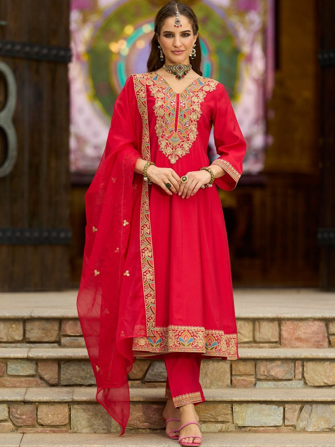 Indo Era Women Embroidered Regular Thread Work Kurta with Trousers & Dupatta