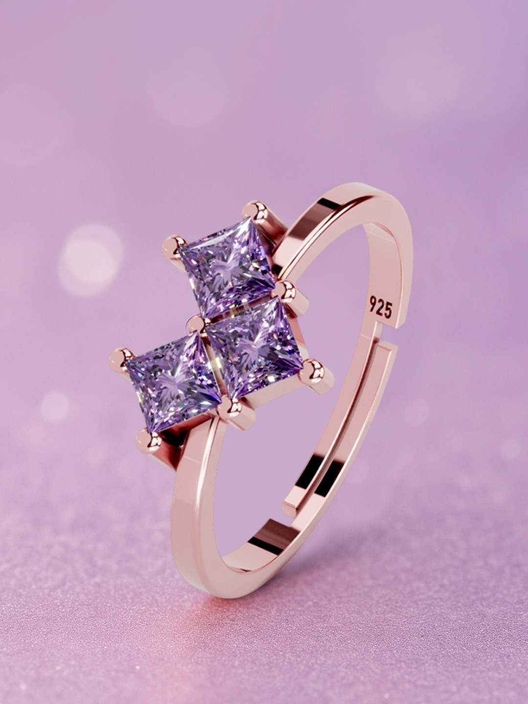 MISS HIGHNESS Women Rose Gold Plated Purple Princess Cut Cubic Zirconia Stones Ring