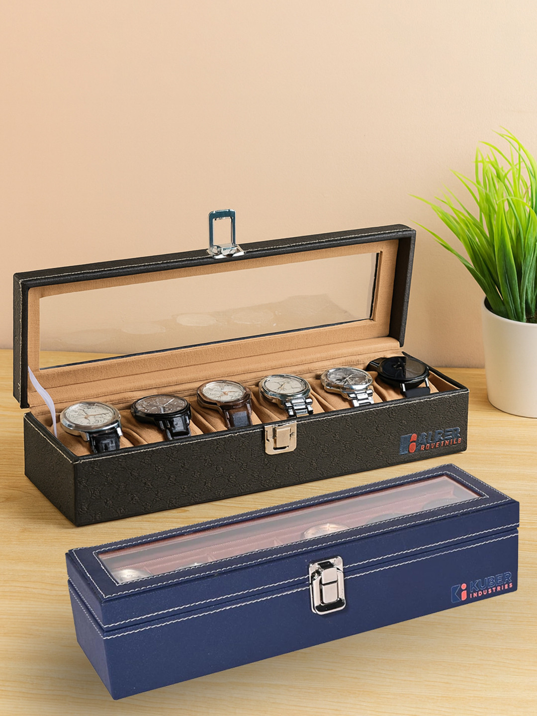 Kuber Industries Black 2Pc Premium Faux Leather 6 Slot leather Watchbox Strap Organiser