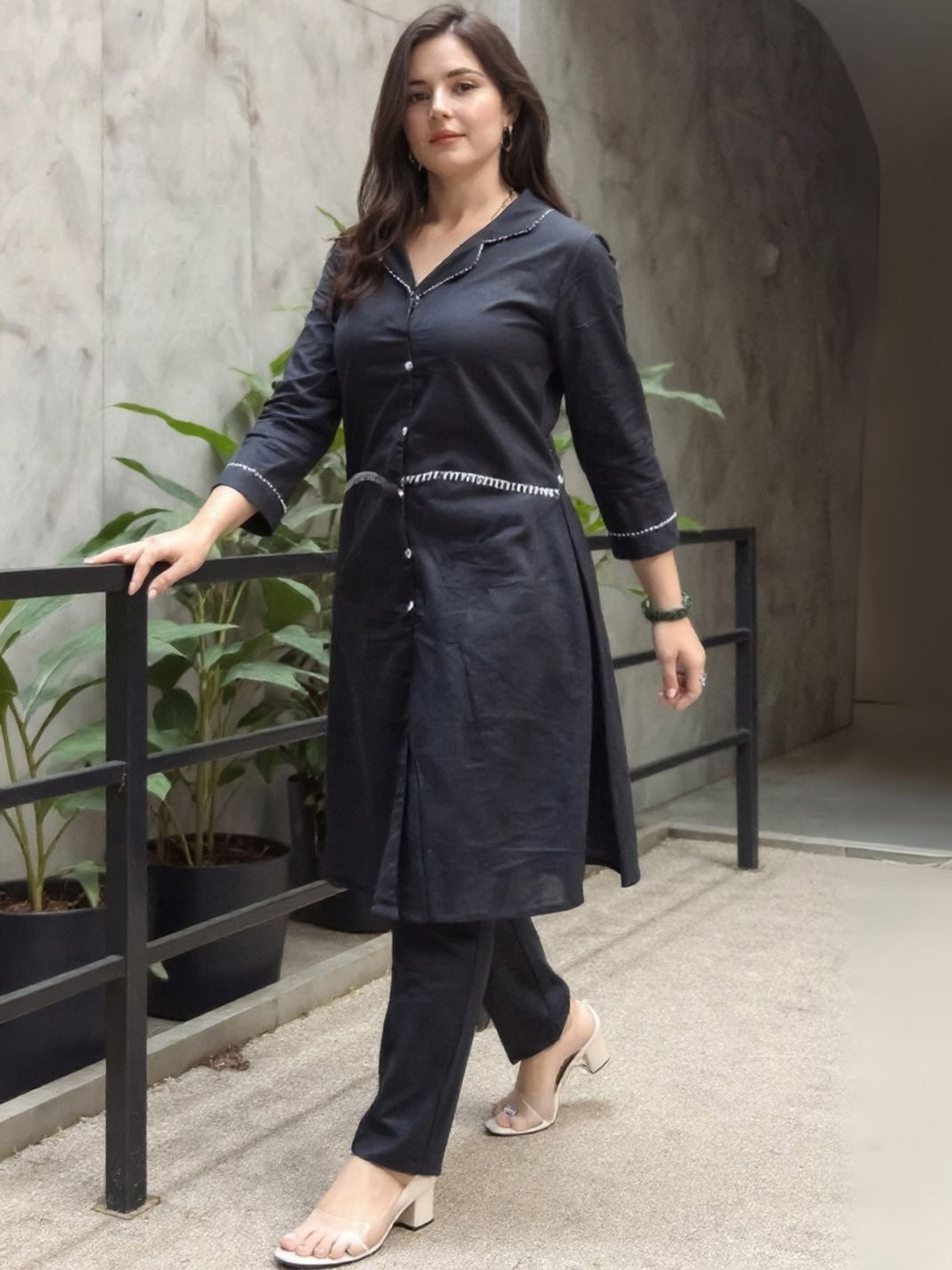 Indo Era Women Lapel Collar Thread Work A-Line Pure Cotton Kurta With Trousers