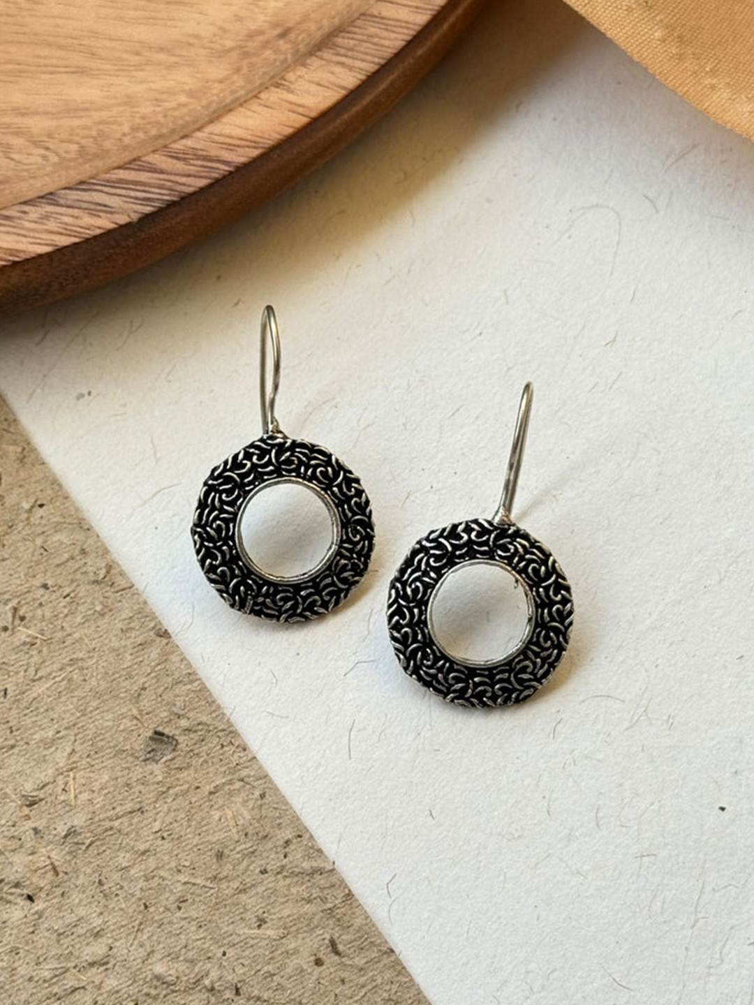 NAMAN ARTS Silver Plated Oxidised Circular Earrings