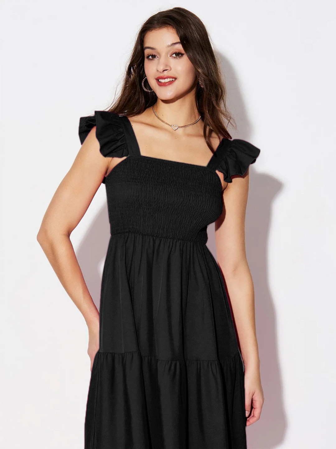 IQOA Solid Square Neck Crepe A-Line Maxi Dress