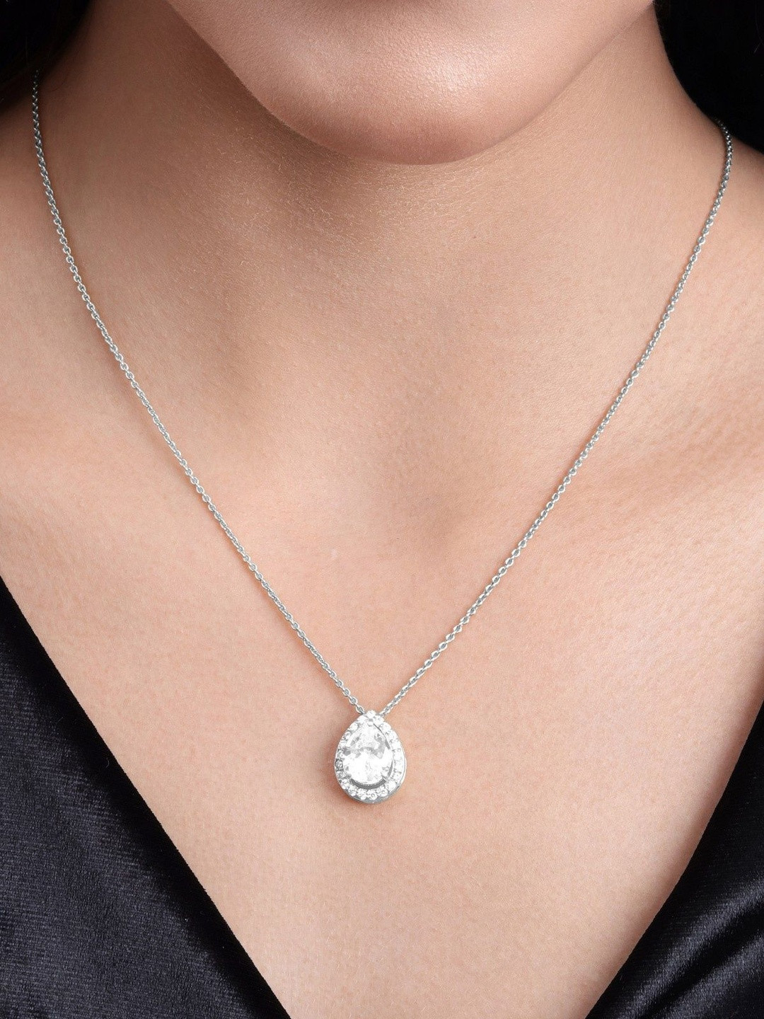 MALENA Silver-Plated Artificial Stones Studded Teardrop Shaped Pendant With Chain