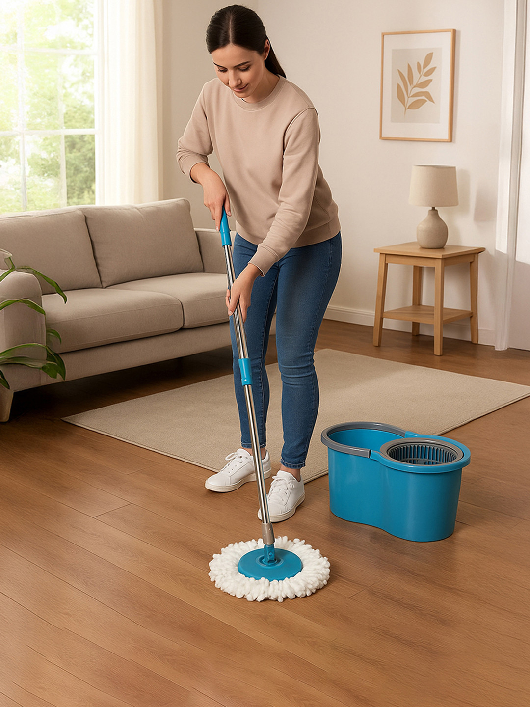 Kuber Industries Blue & White Spin Mopping Bucket With 2 Refills