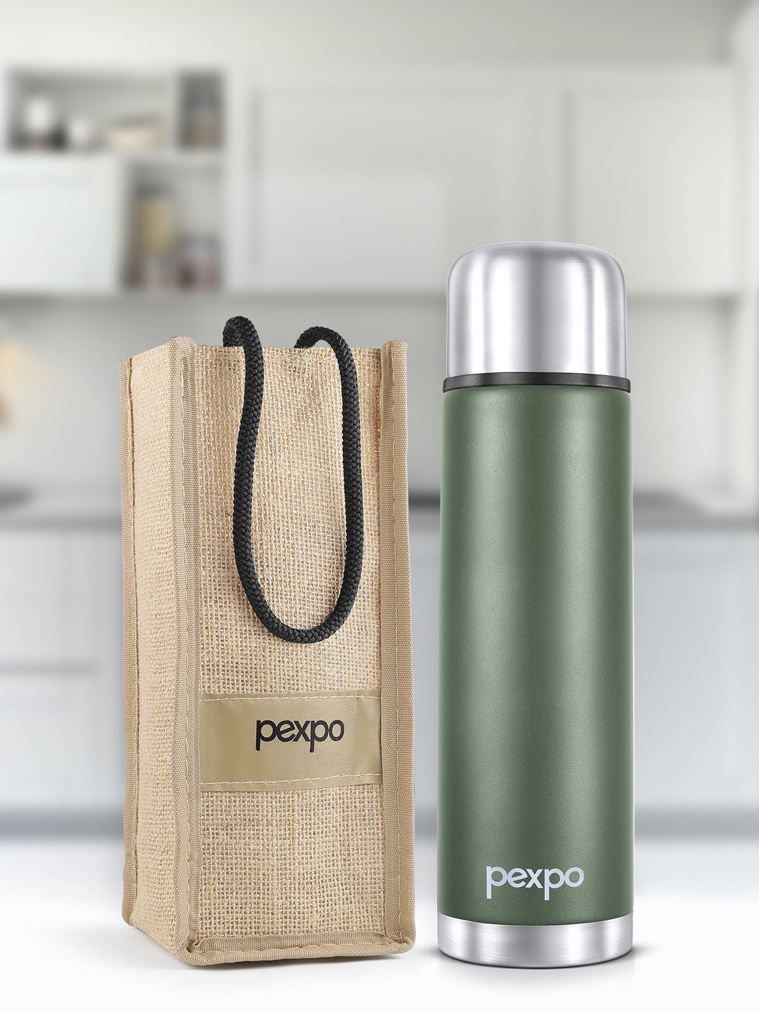 Pexpo Flamingo Green Solid Stainless Steel Spill Proof Flask - 1L