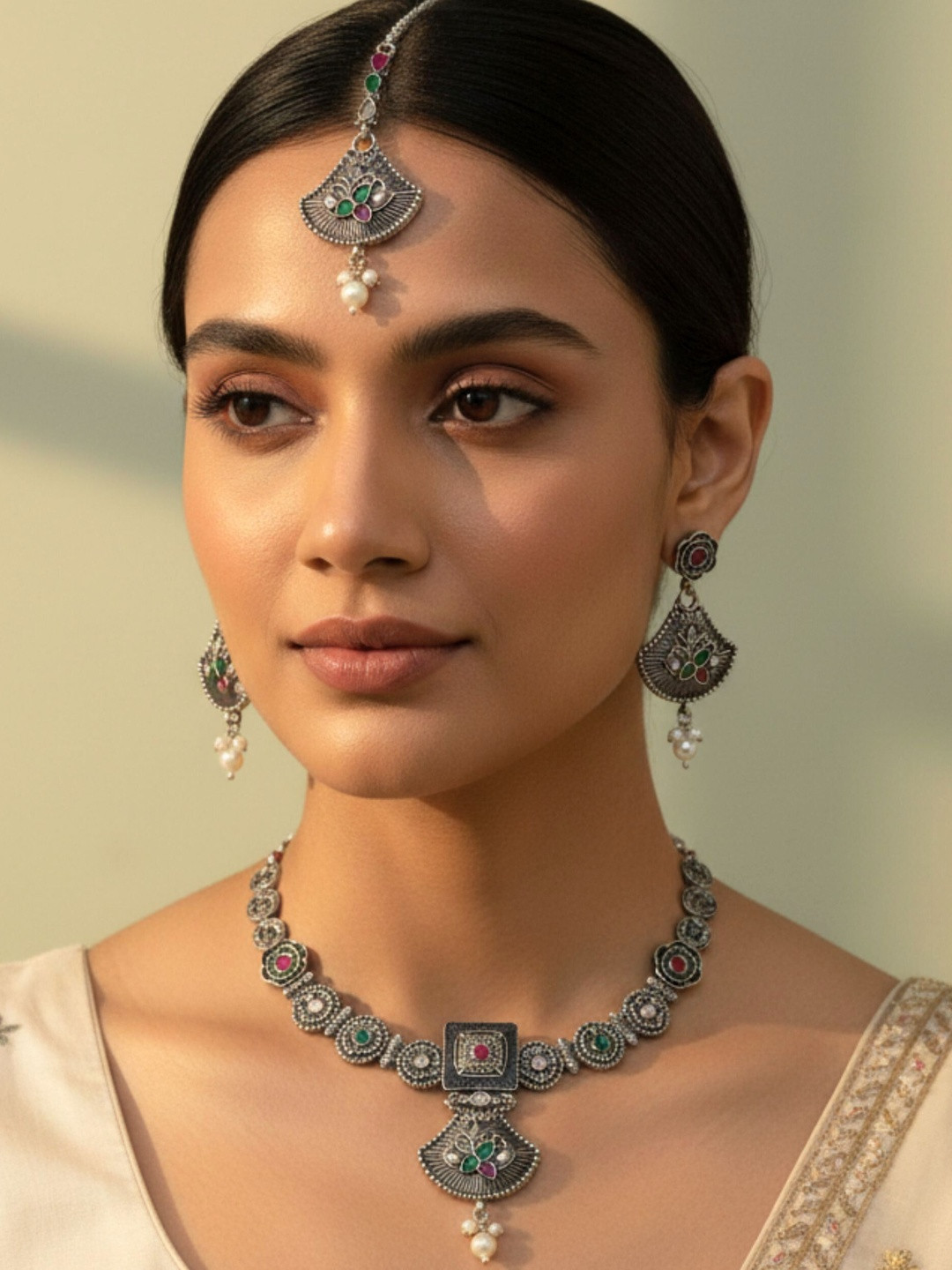 MANSIYAORANGE German Silver Plated Artificial Stones Studded & Pearls Beaded Jewellery set