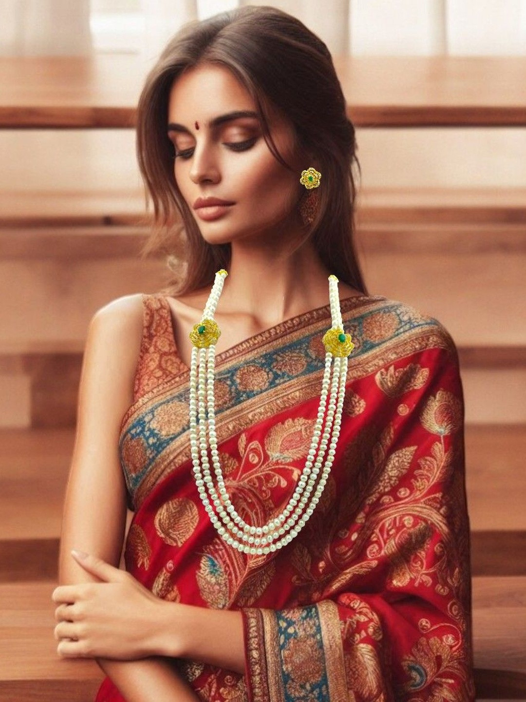 D.D Pearls Gold Plated American Diamond Studded & Pearls Beaded 3-Layered Jewellery Set