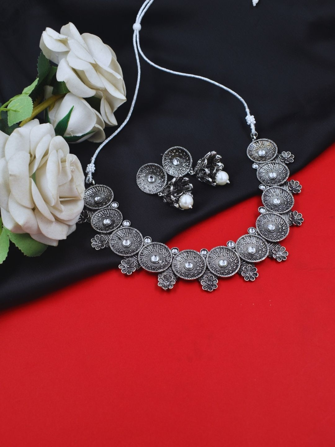 J & C Fashion Arena Women Silver Plated Oxidised Chocker Necklace With Matching Earrings
