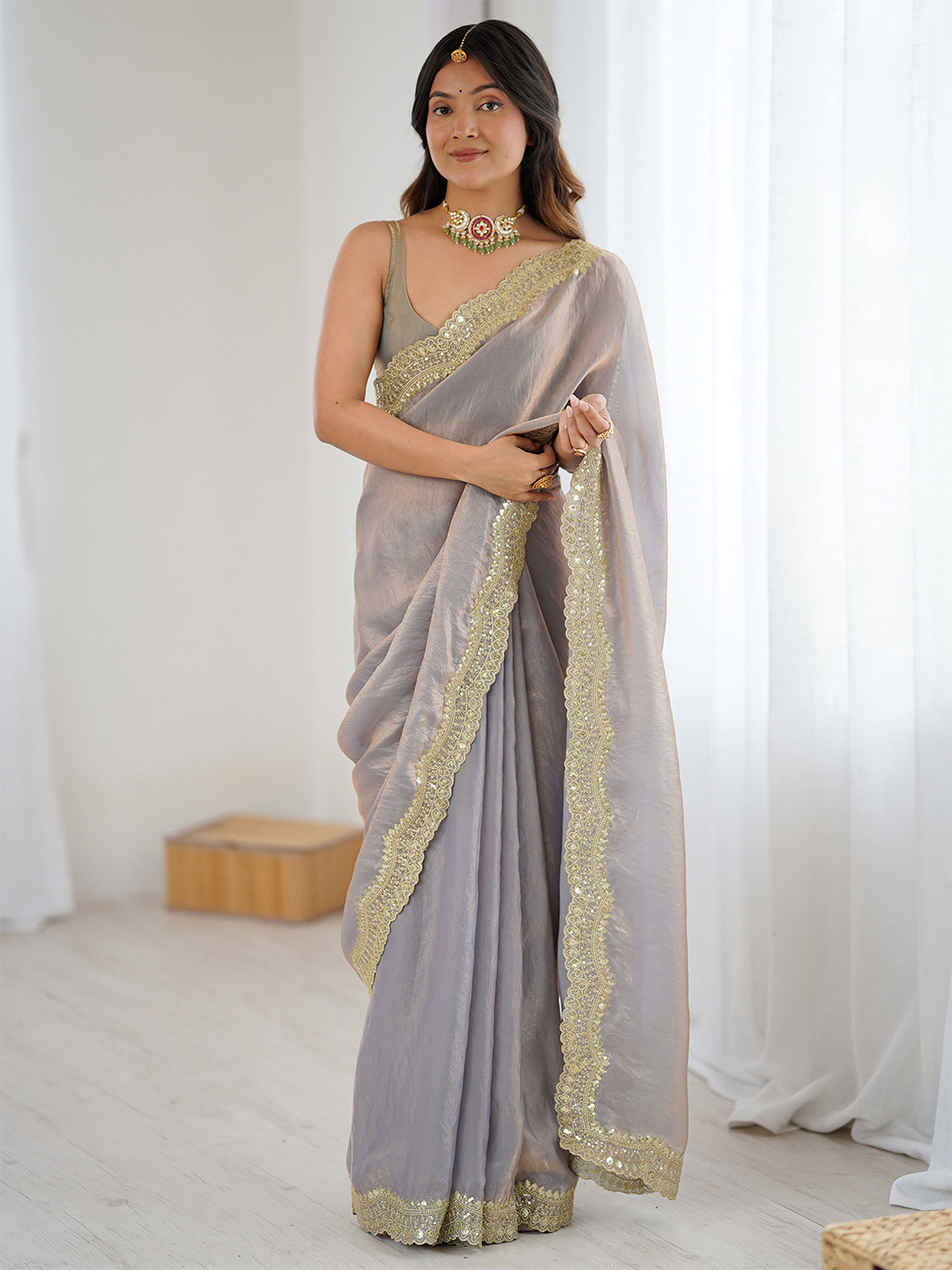 Anouk Embellished Sequinned Satin Saree With Blouse Piece