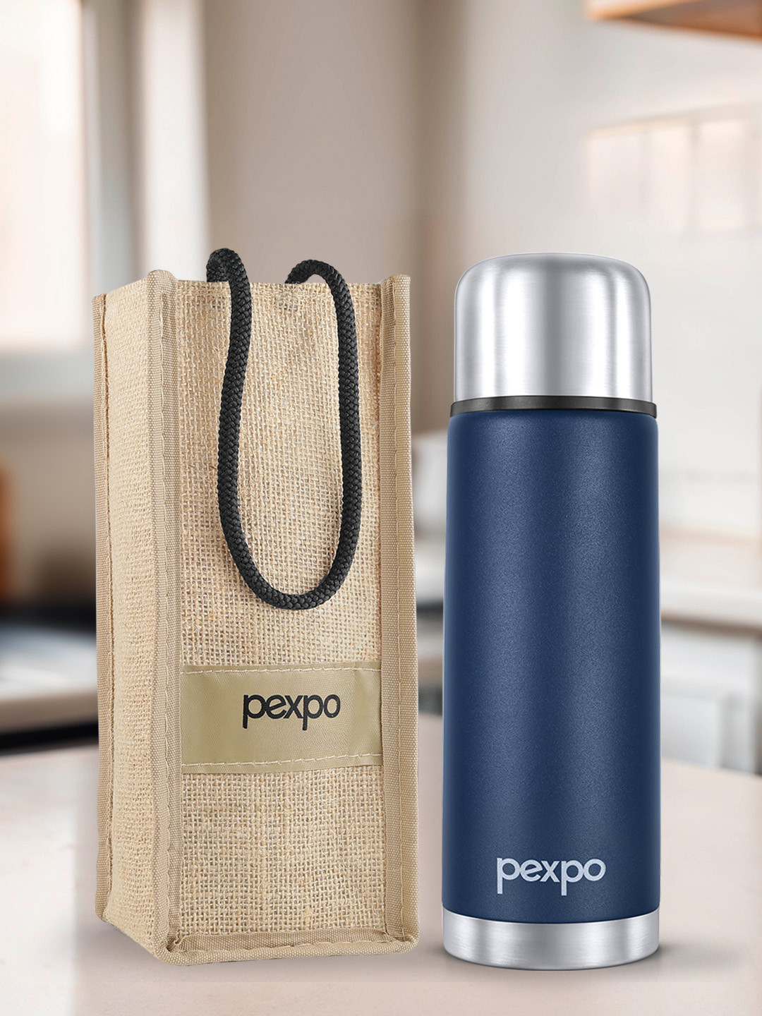 Pexpo Navy Blue Solid Stainless Steel Double Wall Vacuum Flask - 500ml