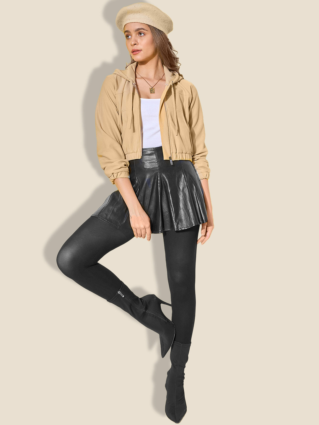 Beige Hooded Bomber Jacket with Cotton Lining