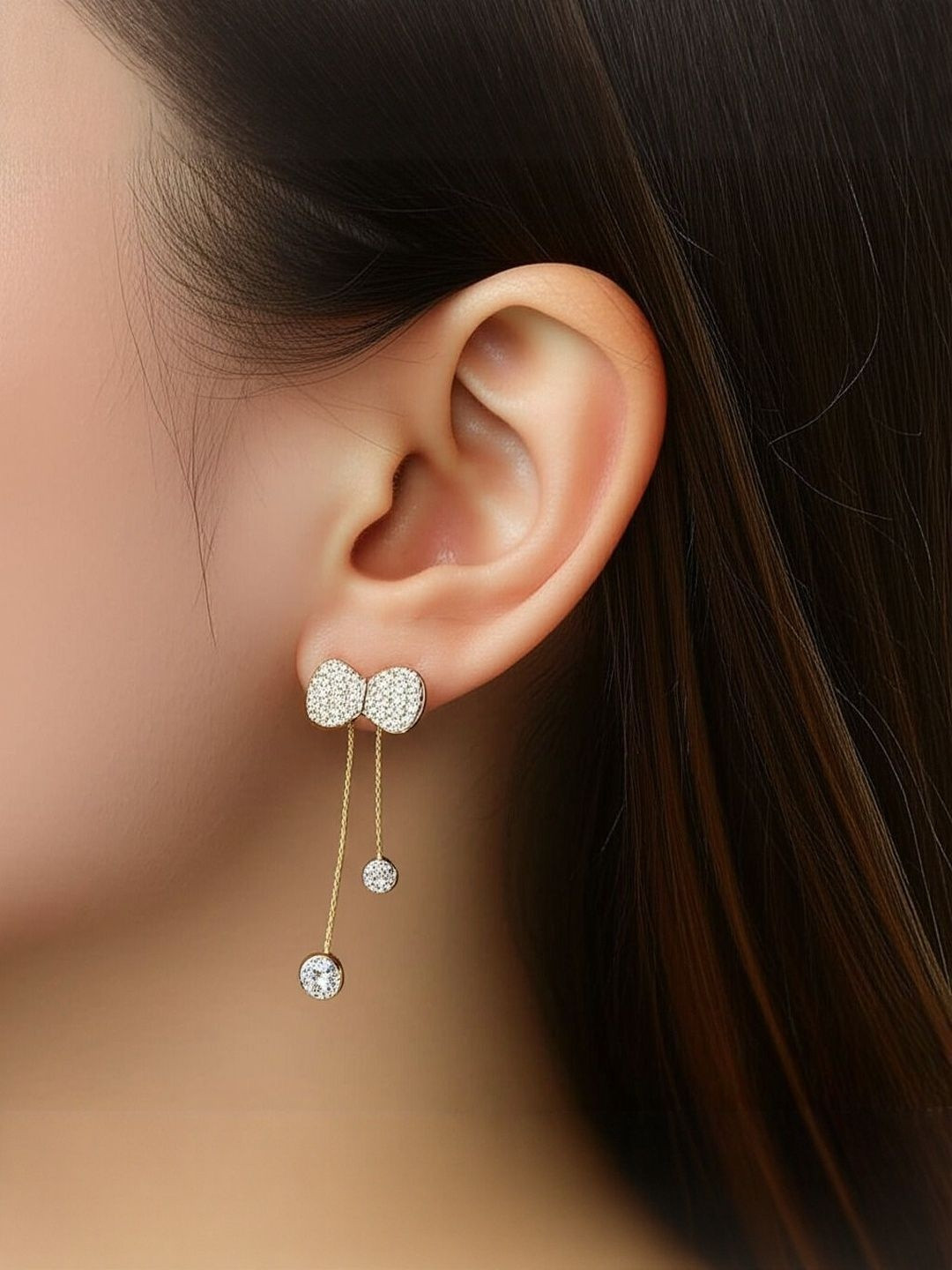 DressBerry Women Gold-Plated Alloy Cubic Zirconia Bow Dangle Earrings