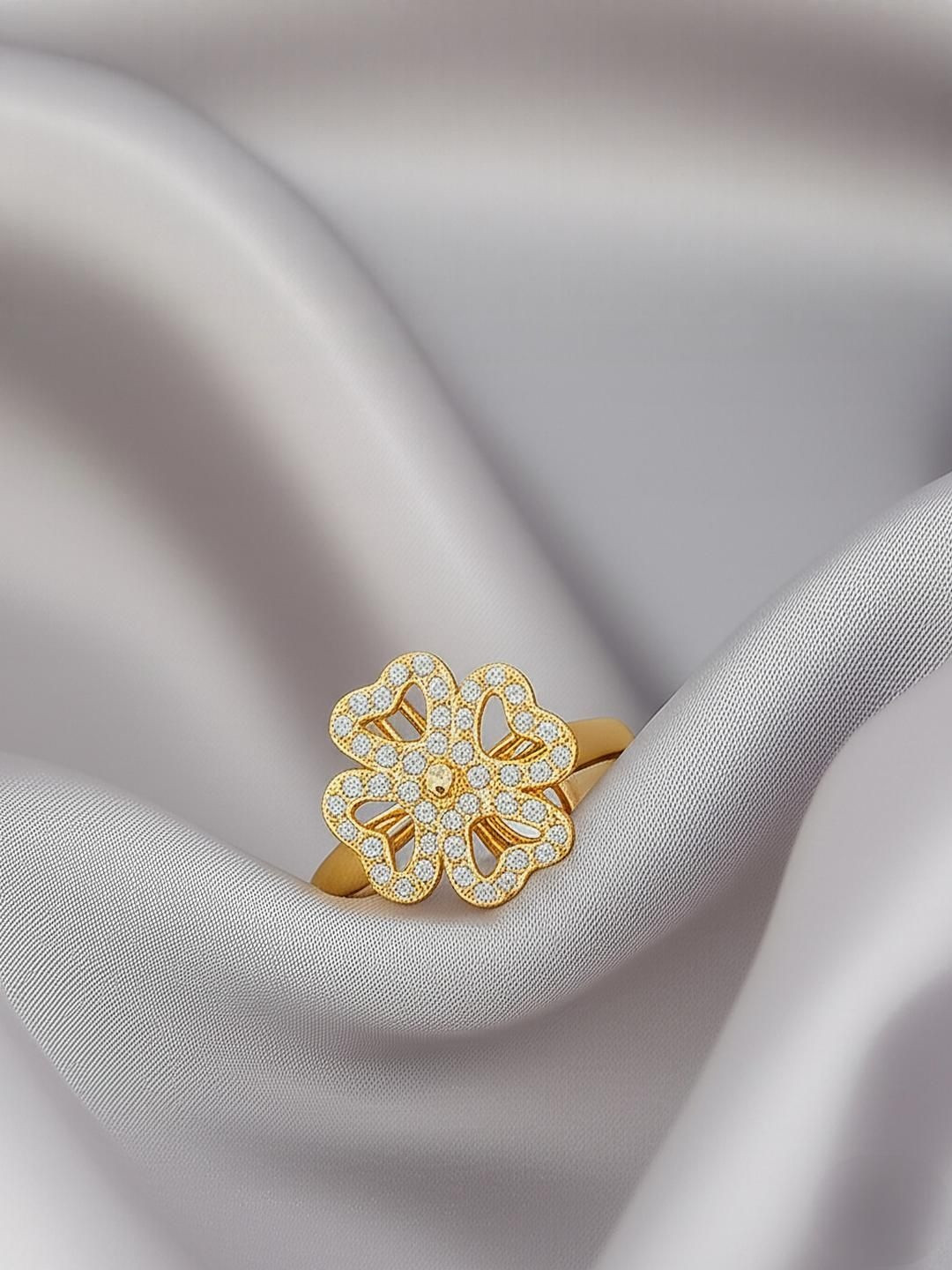 DressBerry Gold Plated Cubic Zirconia Studded Adjustable Floral Rotating Ring