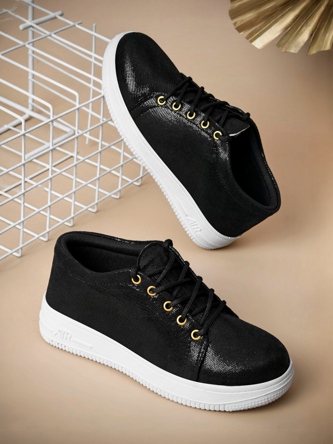 REVIT Women Black & White Textured Lace Up Round Toe Synthetic Sneakers