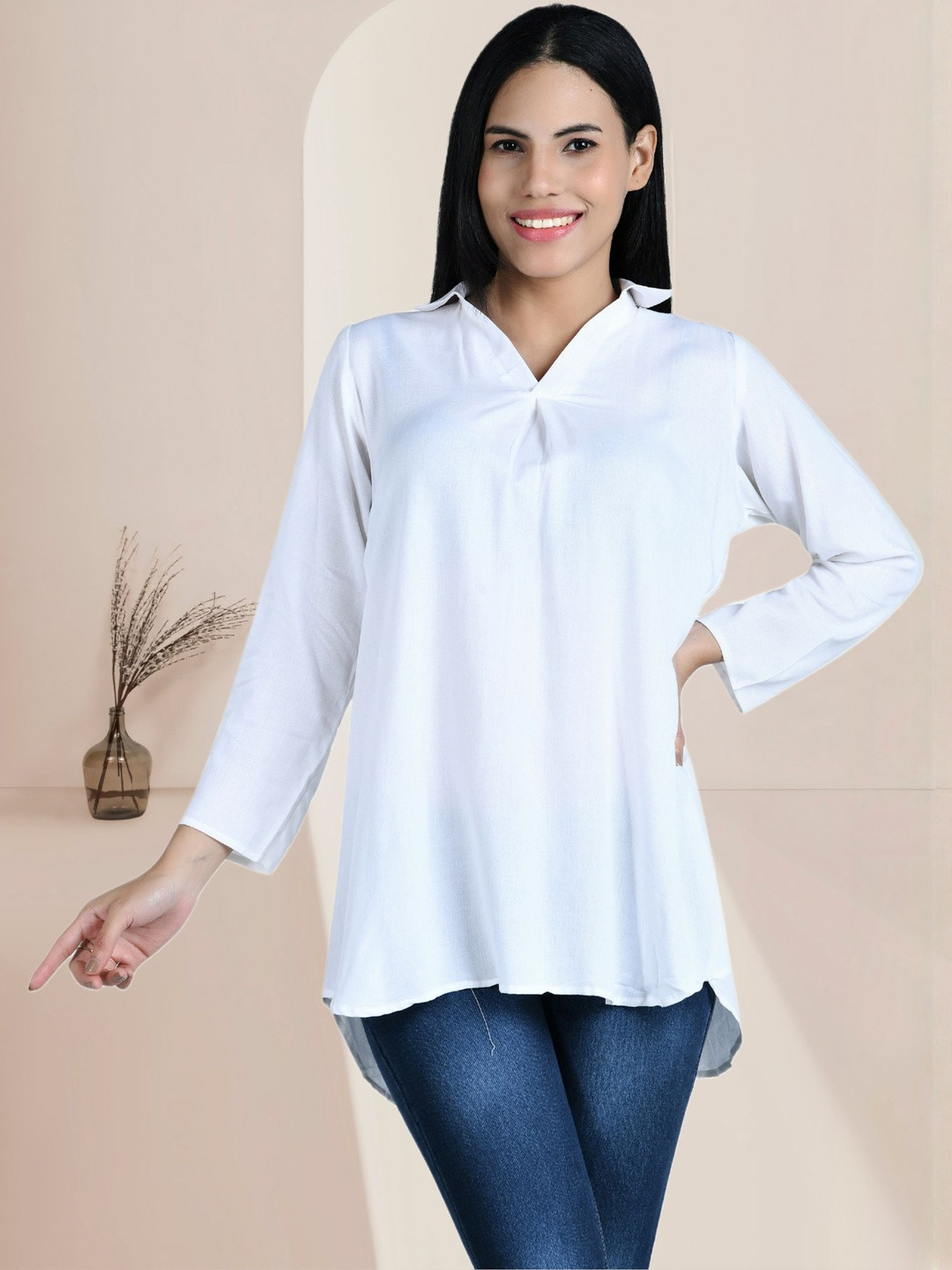 Coft Women Solid Three-Quarter Sleeves Shirt Style Longline Top