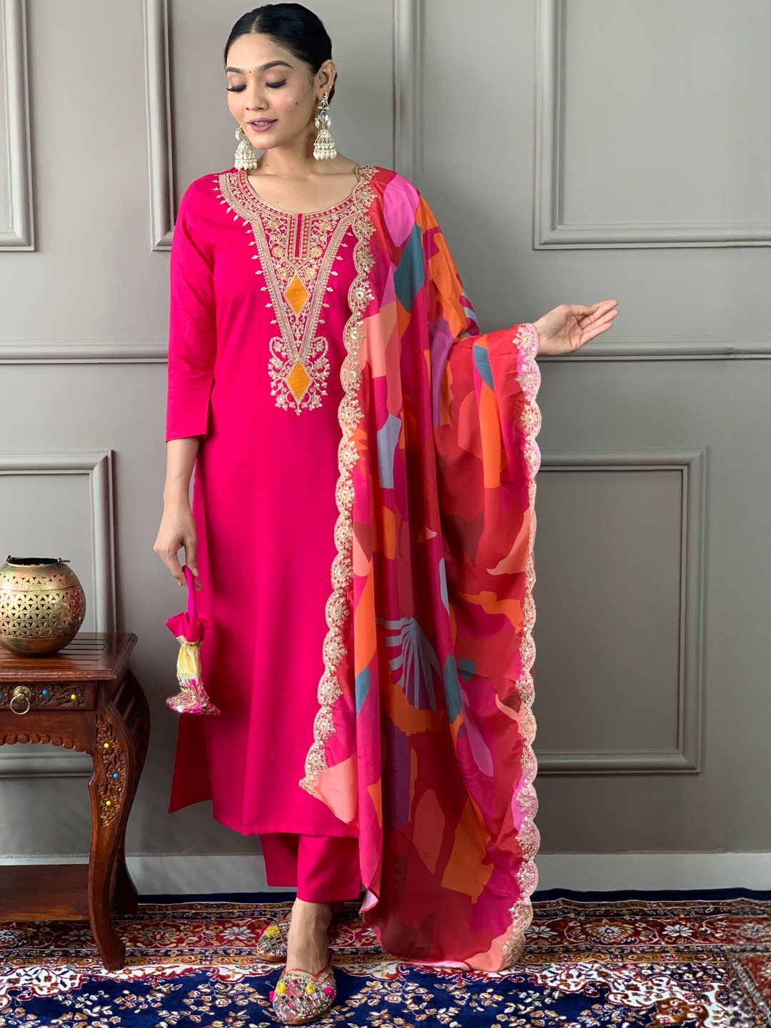 MEHARIKA Floral Yoke Design Straight Kurta With Trousers & Dupatta