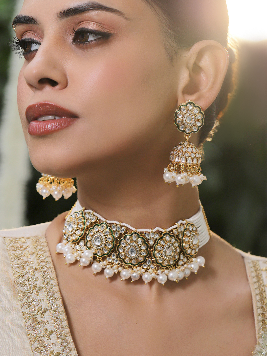 Rubans 22K Gold-Plated White Kundan, Cubic Zirconia & Glossy White Beaded Pearl Choker Set