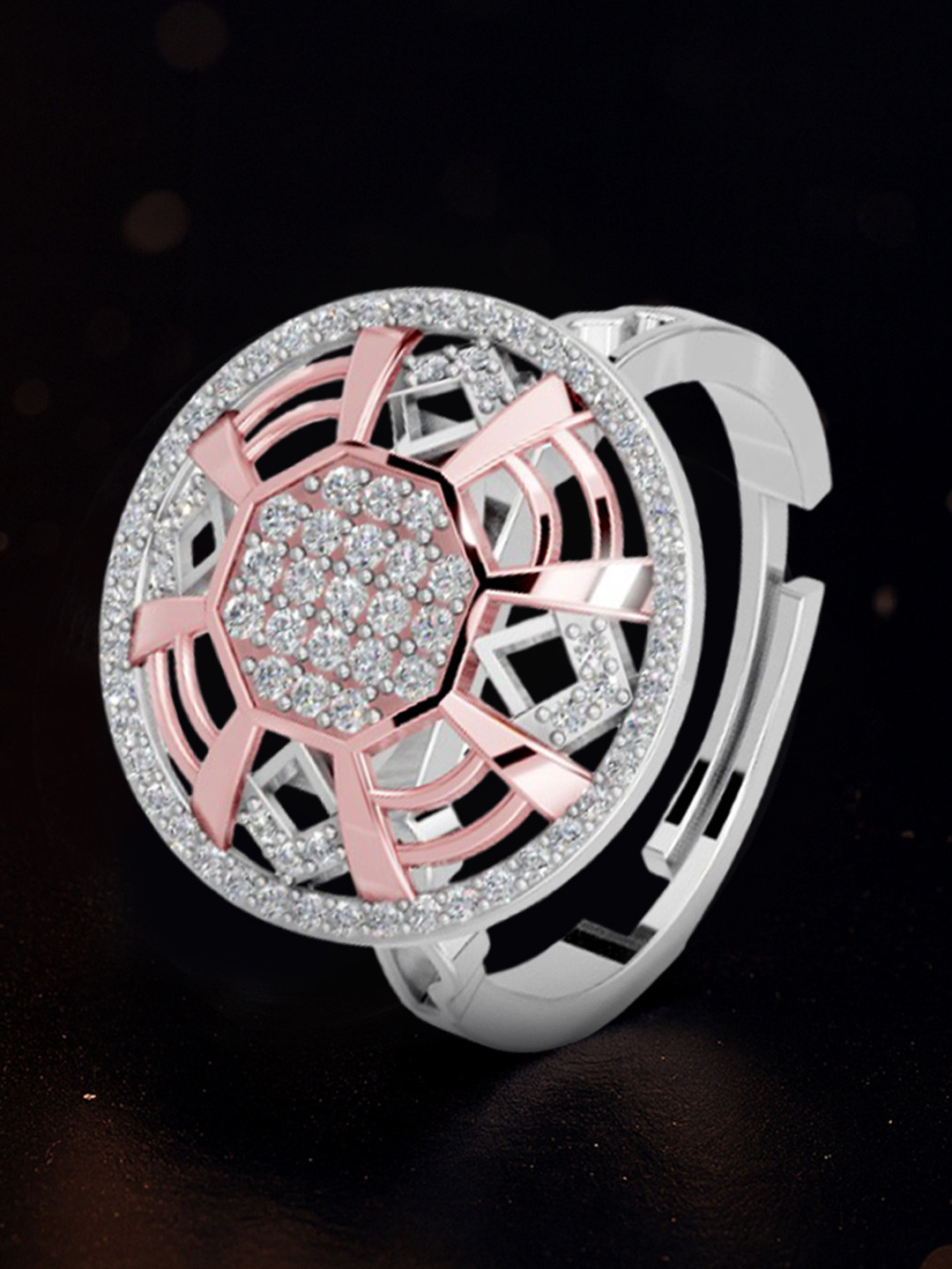 MISS HIGHNESS 925 Silver Rhodium-Plated CZ Studded Adjustable Finger Ring