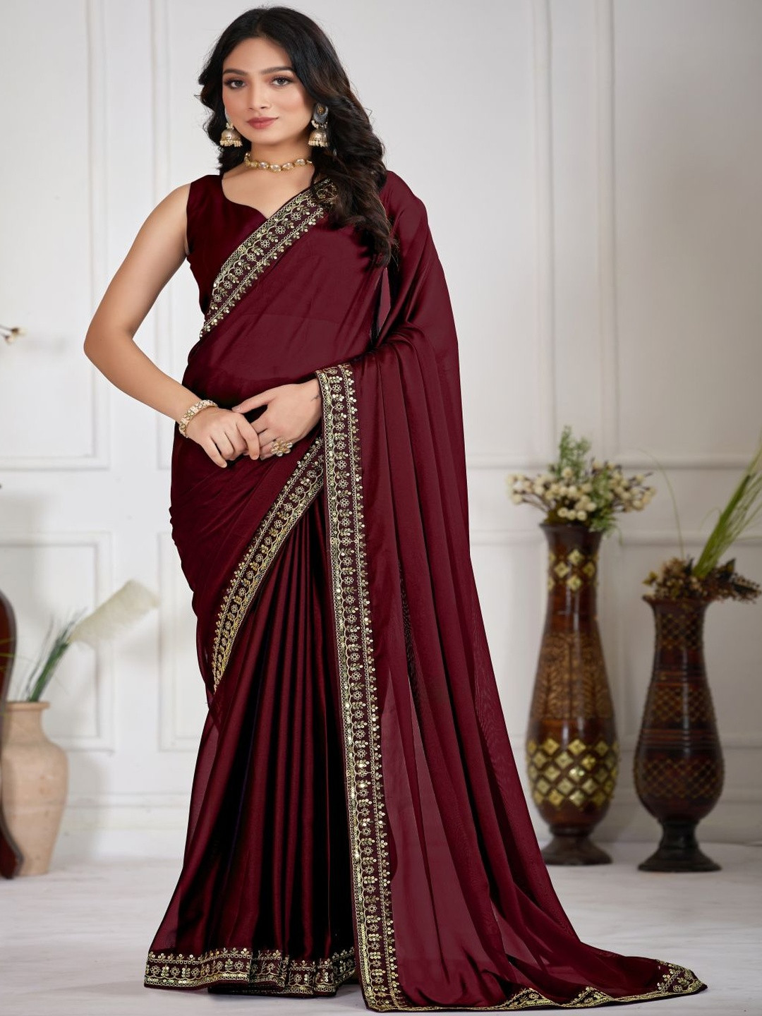 Paramparik Textile Embellished Sequinned Satin Heavy Work Fashion Saree