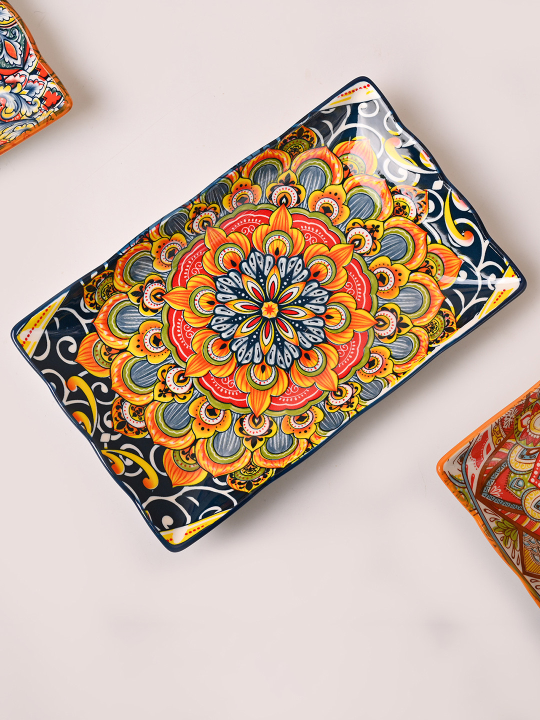 MARKET99 Navy Blue and Orange Colored Floral Printed Rectangular Ceramic Food Platter