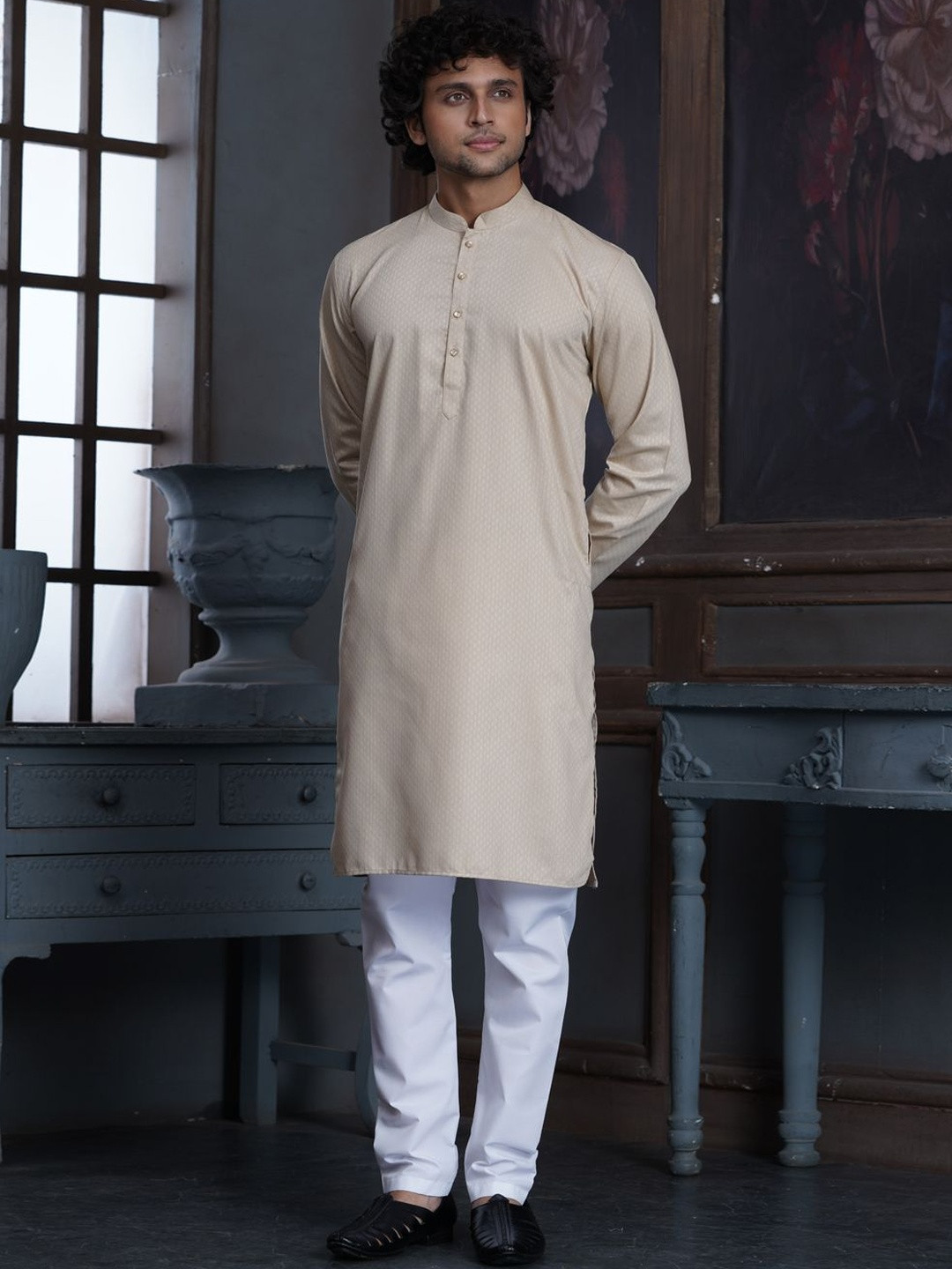 EKATVA ETHNIC Men Beige & White Woven Kurta with Solid Pyjamas Set