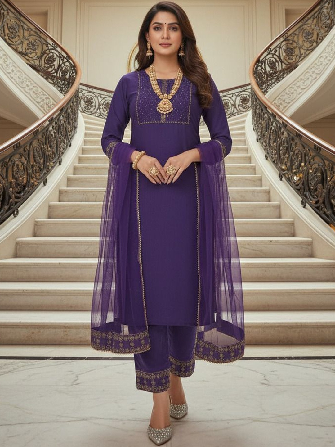 Twika Ethnic Motifs Embroidered Yoke or Border Kurta With Trousers & Dupatta