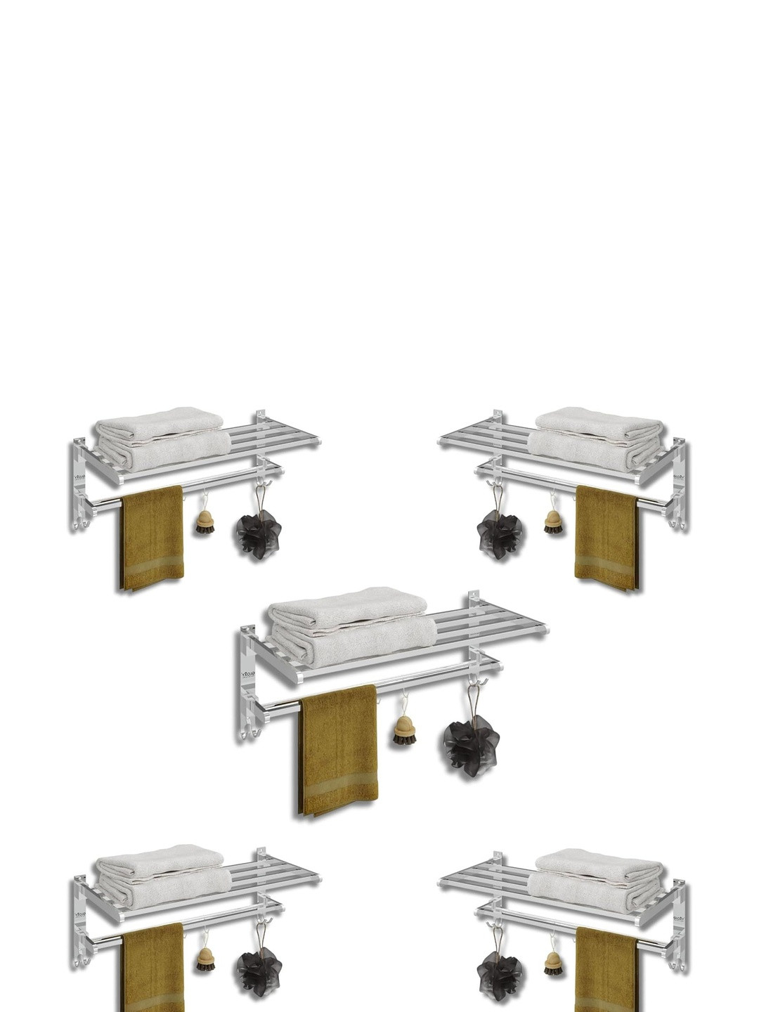 GLOXY Set Of 5 Silver-Toned Foldable Glossy Finish Stainless Steel Towel Holder