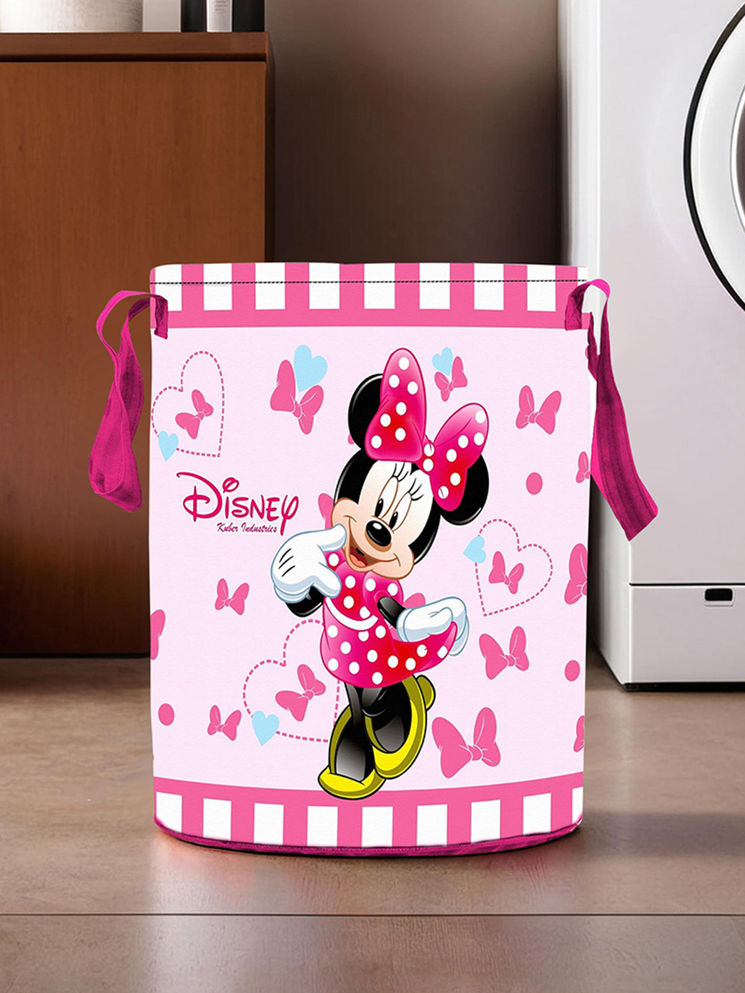 Kuber Industries Pink & White Disney Minnie Print Foldable Sustainable Laundry Basket