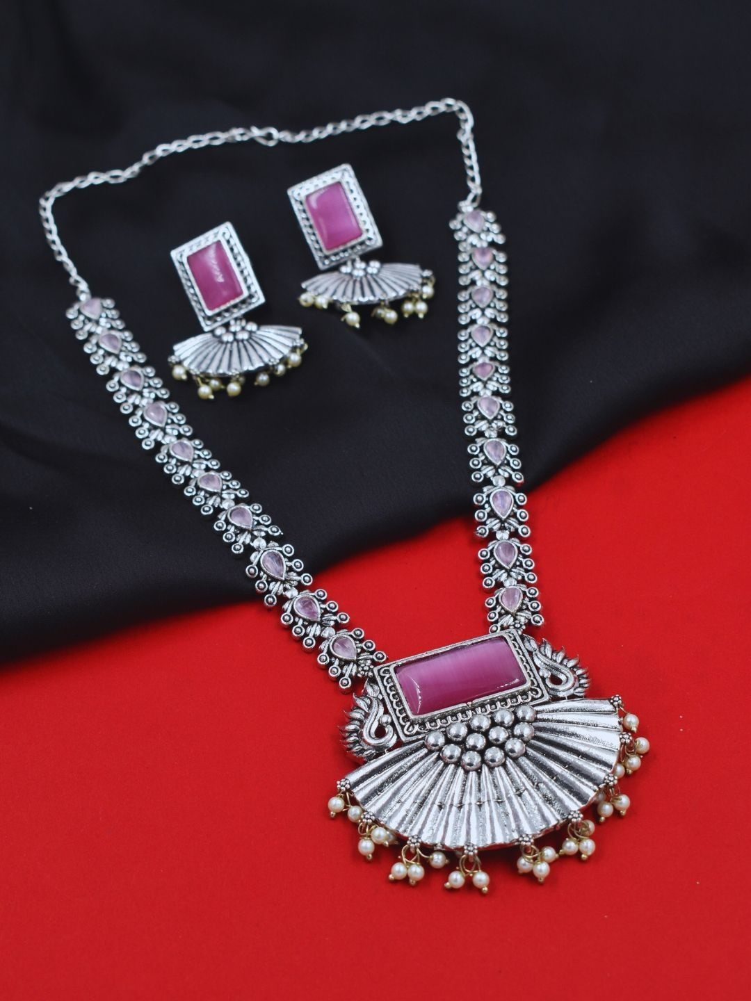 J & C Fashion Arena Women Handmade Silver Plated Oxidised Long Necklace with Earrings