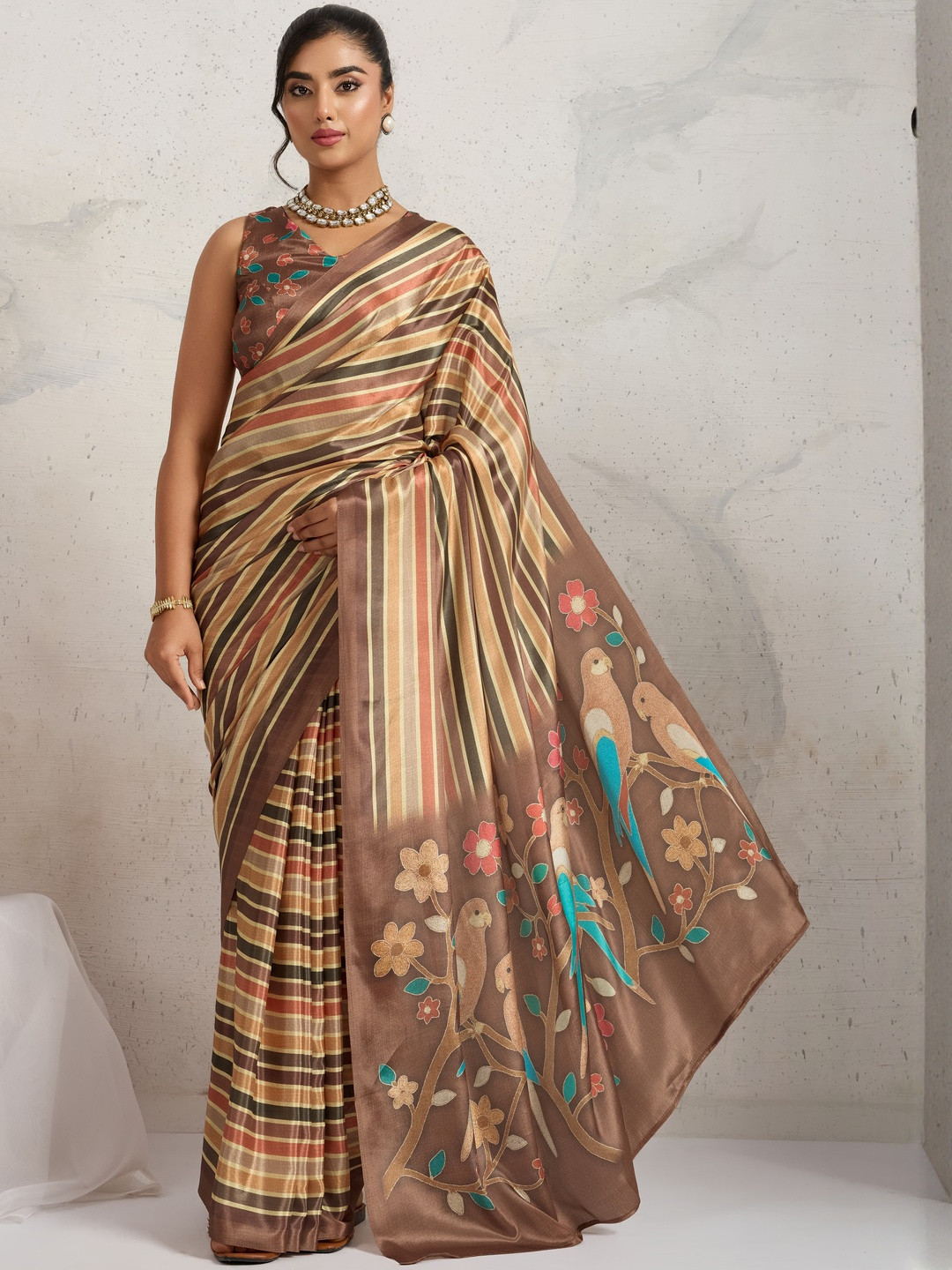 RACHNA Women Satin Digital Stripe Printed Ready To Wear Saree
