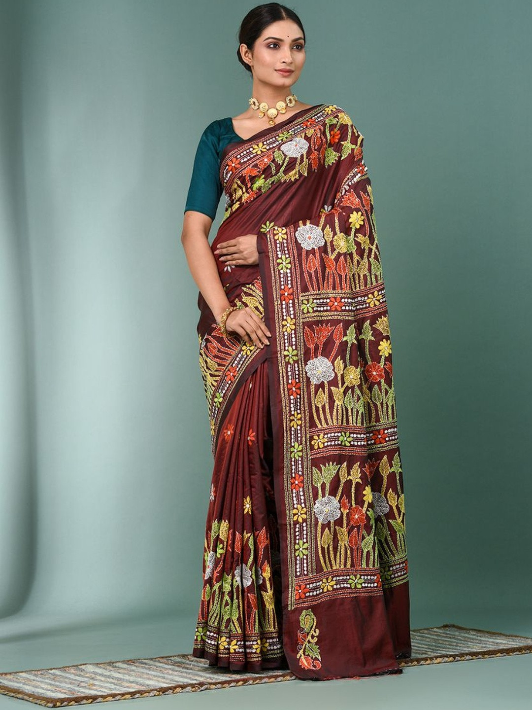 Charukriti Kantha Stitch Embroidered Saree